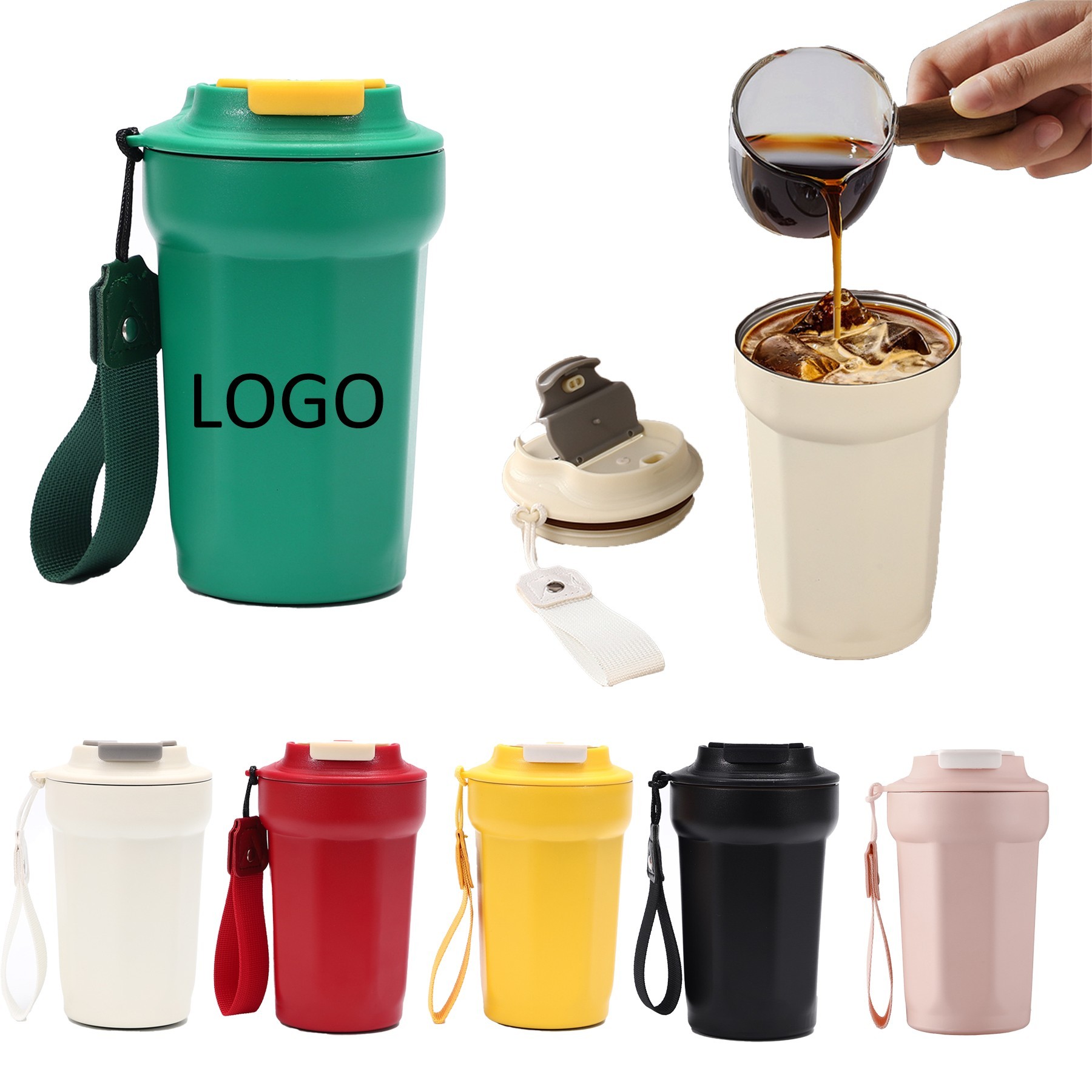 15ozStainless Steel Octagon Coffee Cup With Handle Strap