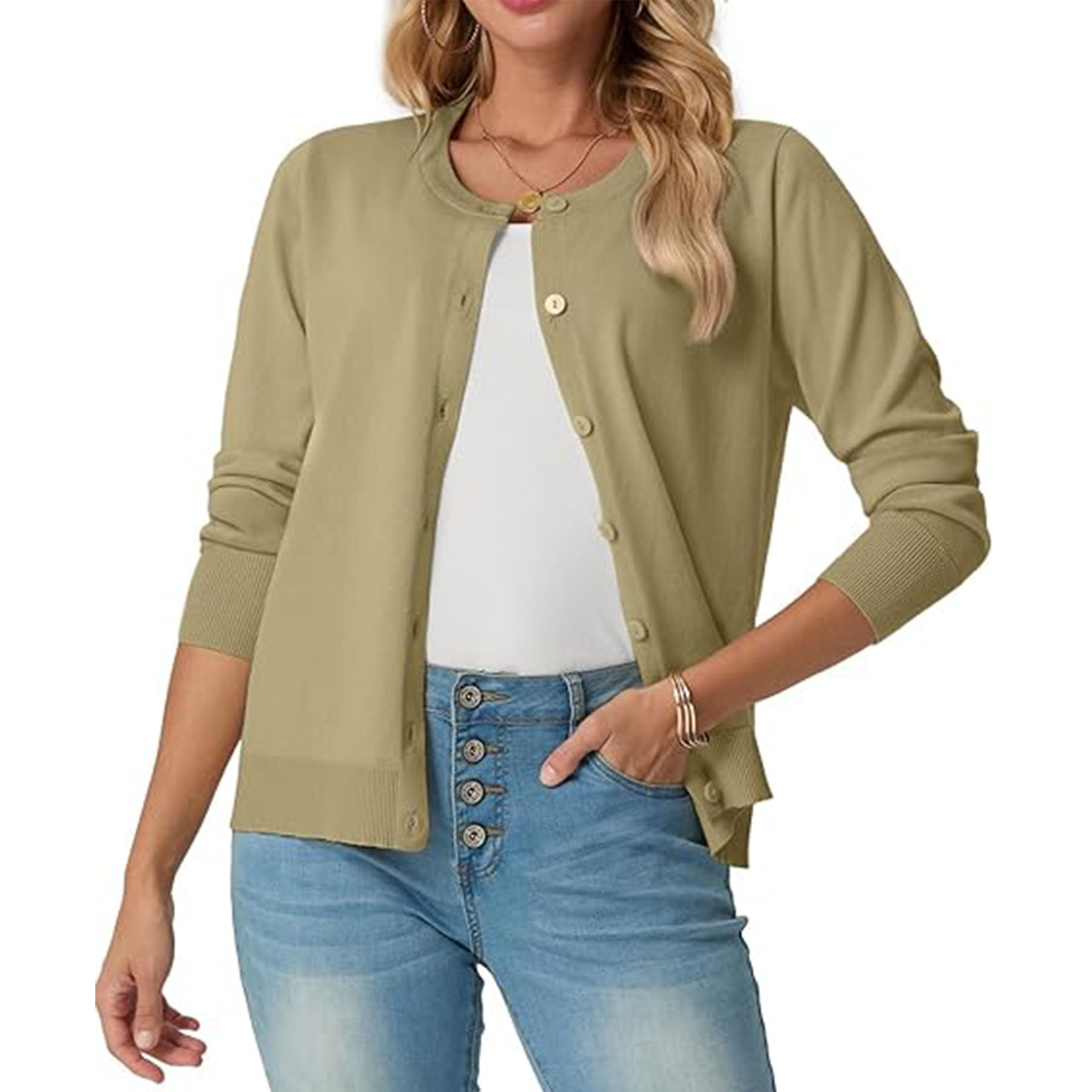 Women's Long Sleeved Lightweight Round Neck Casual Cardigan 34