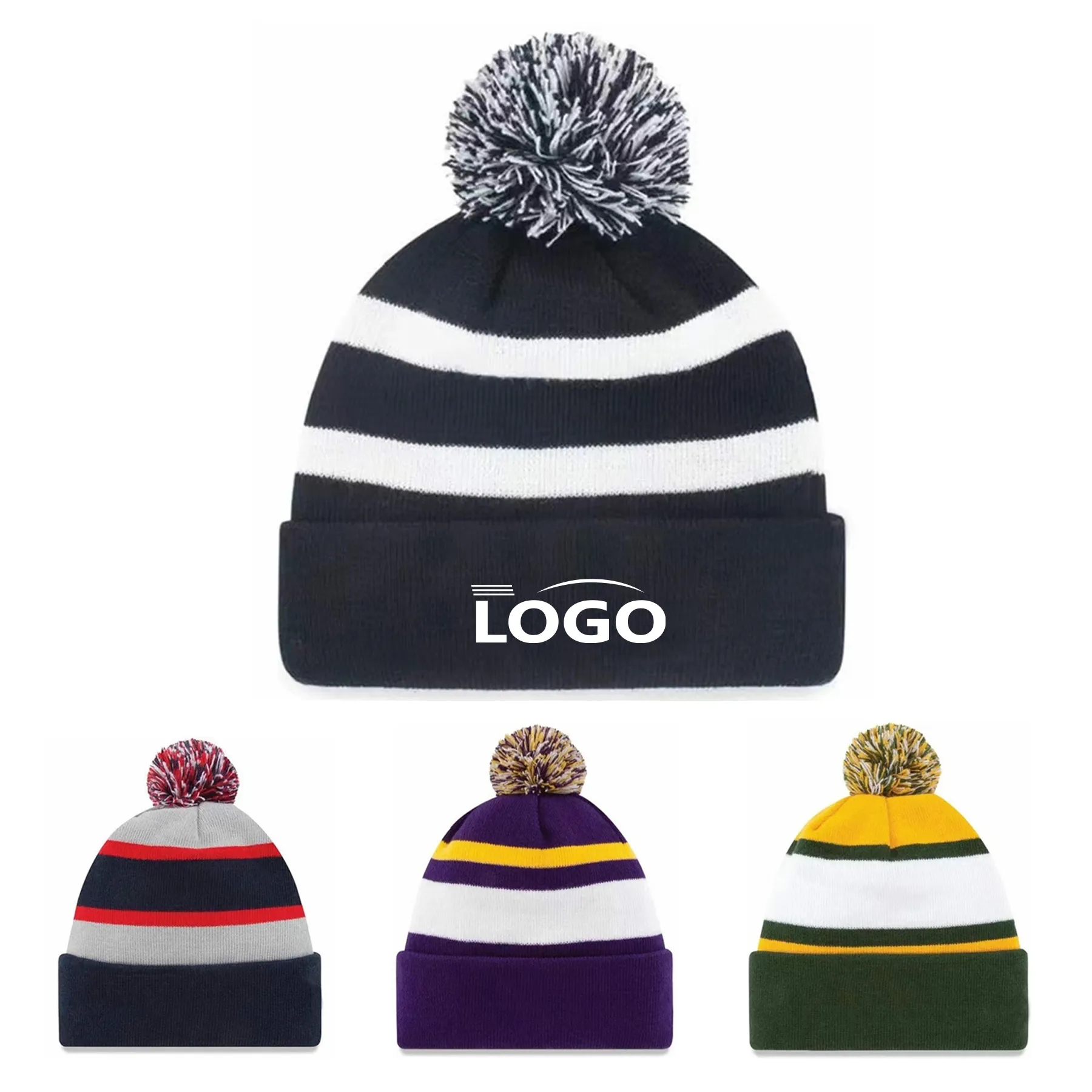 Soft Jacquard Knitted Beanie Hat with Pom