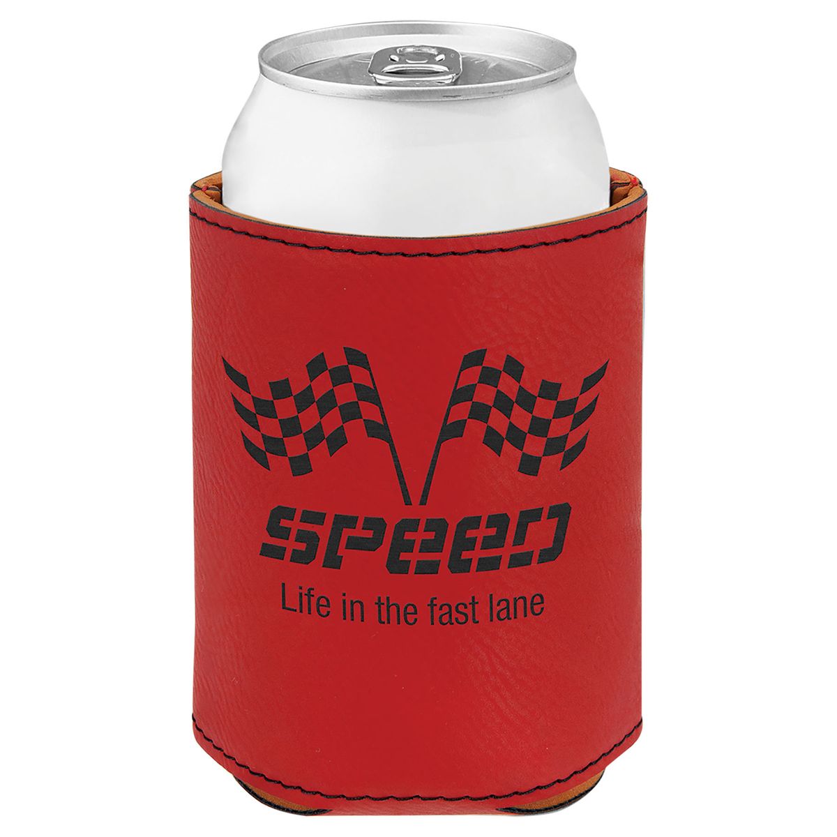 3 3/4" Red Leatherette Beverage Holder, custom koozie with logo imprint 3