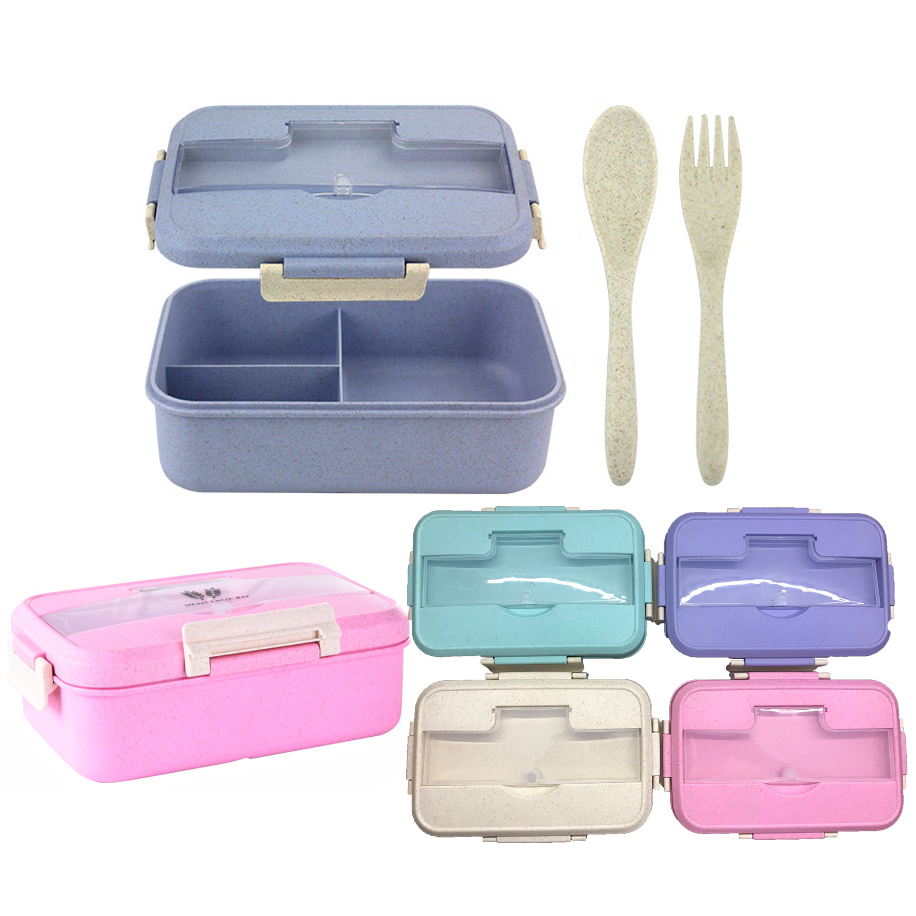 Wheat Straw Plastic Three Compartment Microwave Heating Insulation Bento Box With Spoon Fork