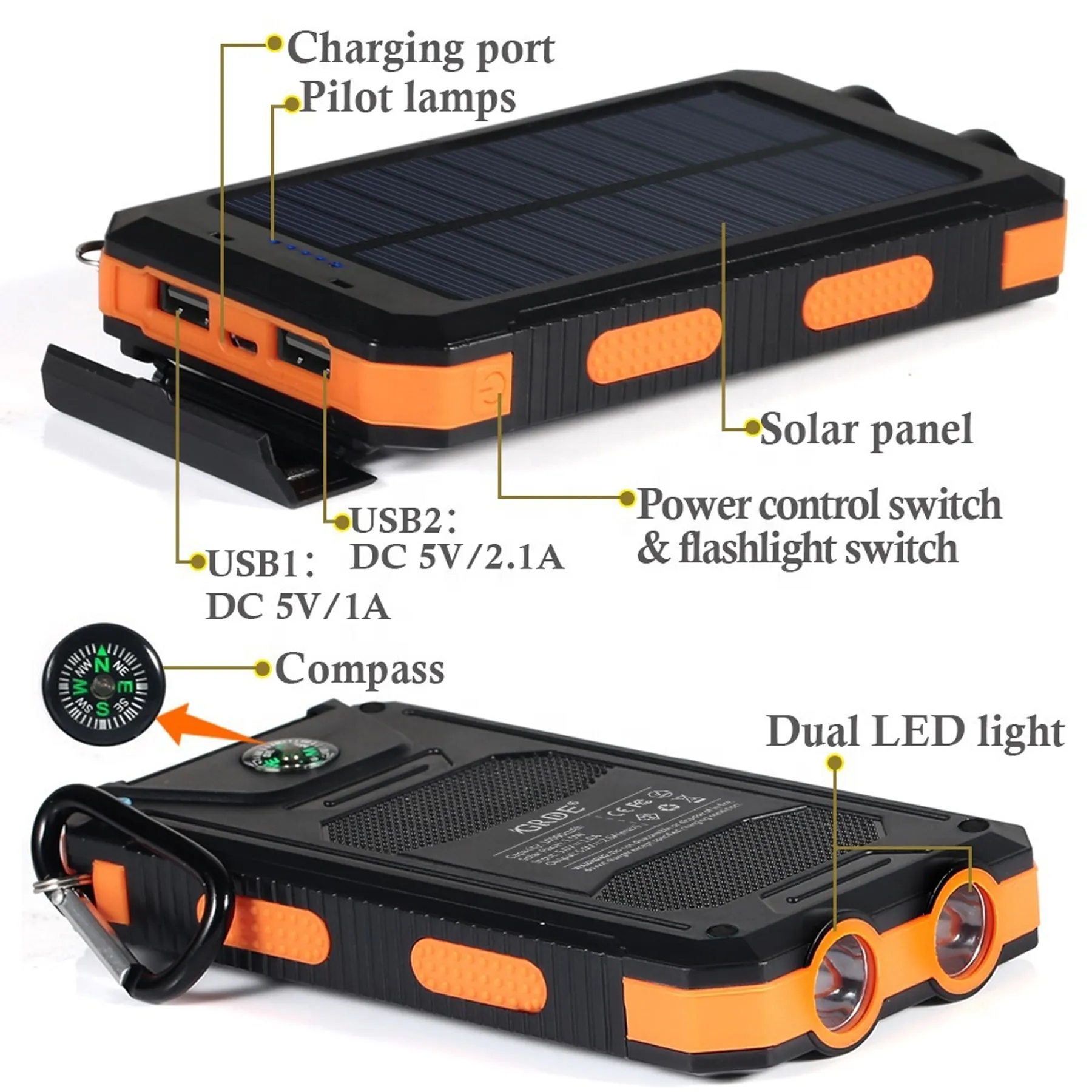 Quick Shipping 10,000mAh Waterproof Solar Power Bank 16