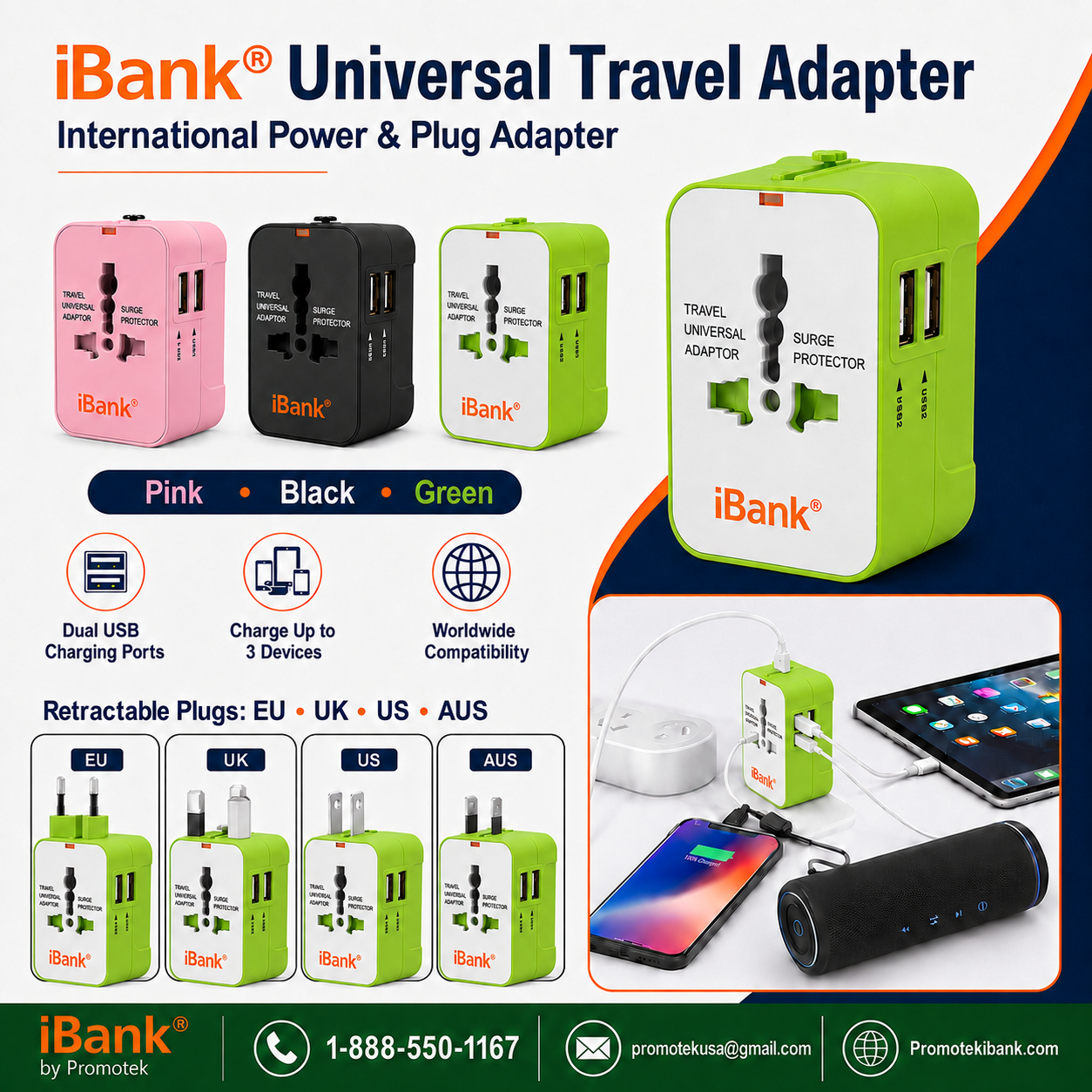 iBank® Universal Travel Adapter USB C, All in One Worldwide Plug Adapter