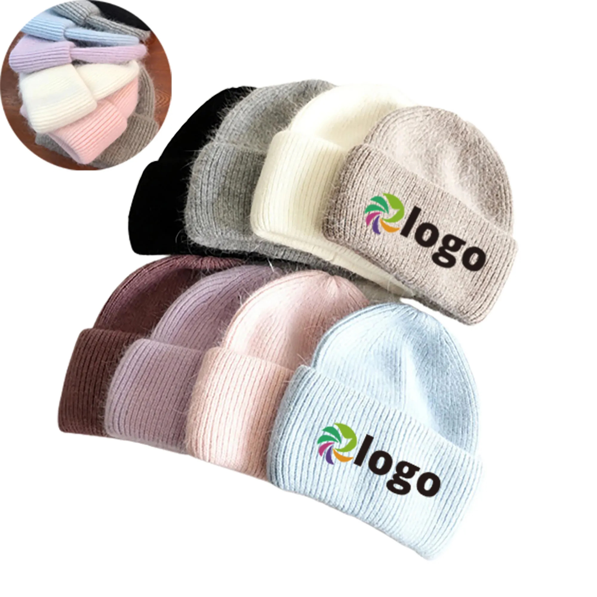 Winter Angora Rabbit Hair Knit Beanie Hat MOQ 10pcs 11