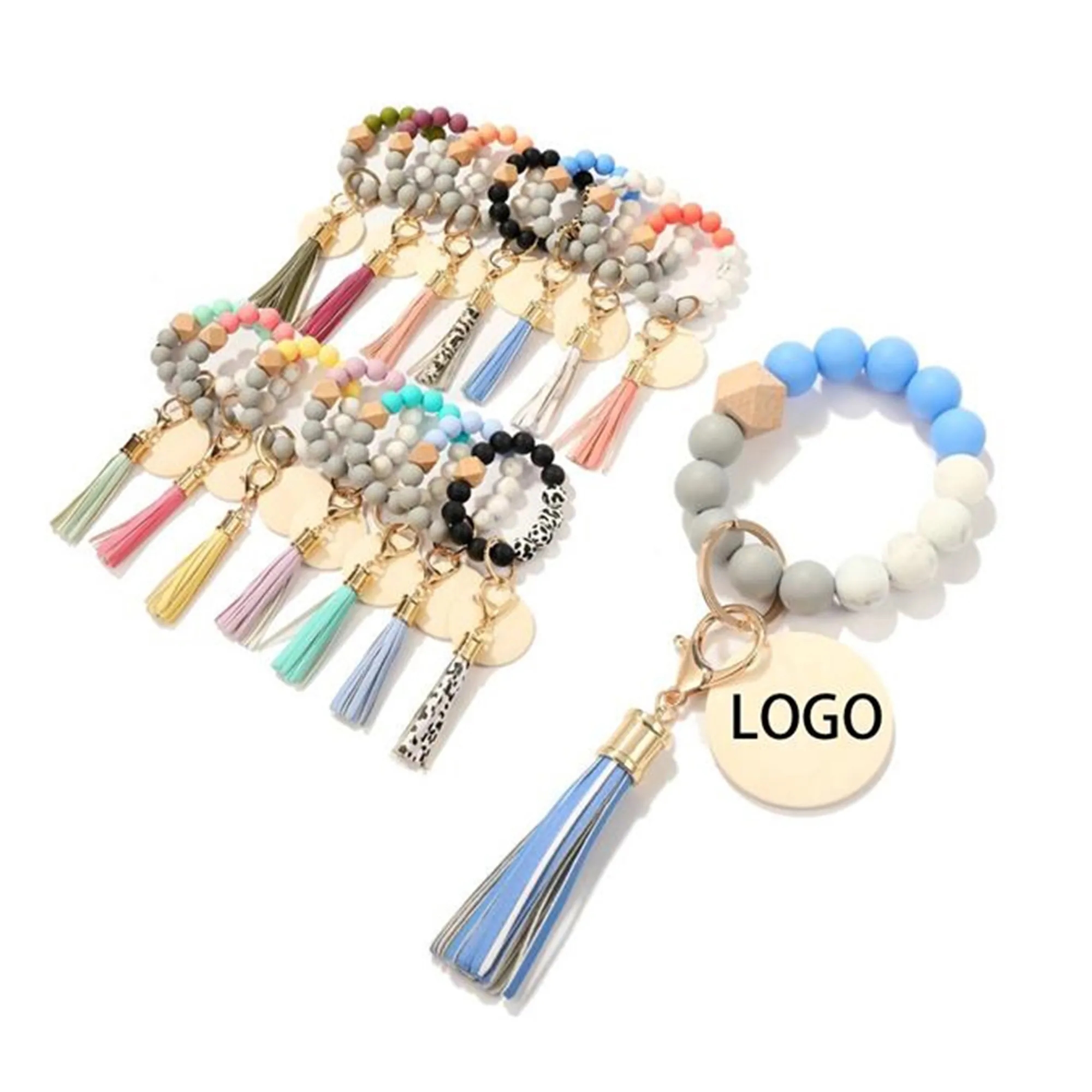 Silicone Key Bead Wood Bracelet Keychain 8