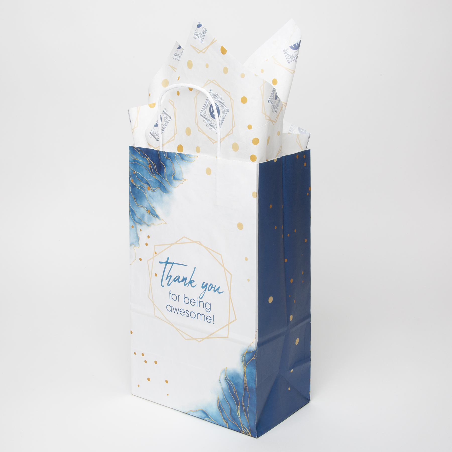 13.375" White Handle Shopper with Tissue Paper Bundle