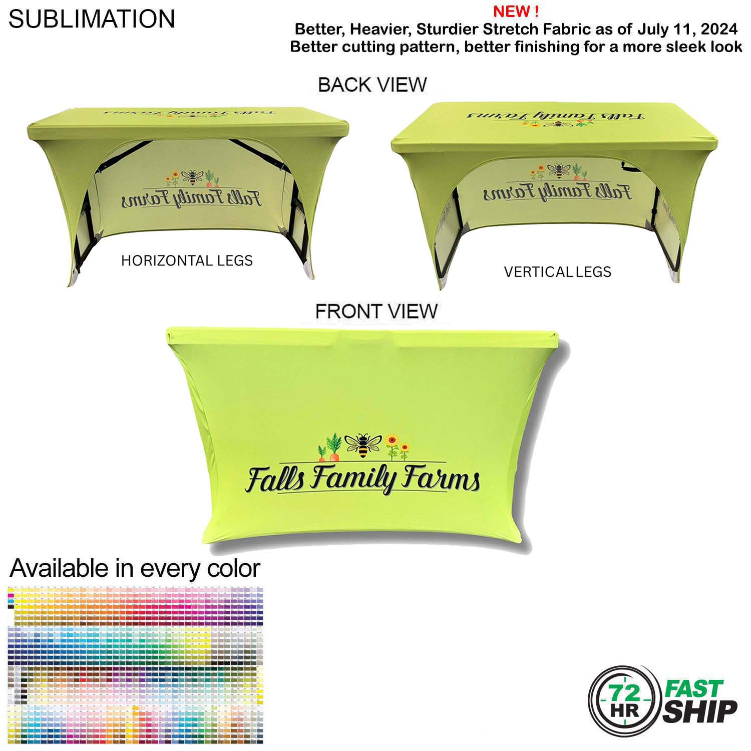 72 Hr Fast Ship - Sublimated Stretch Curved Fit Table Throw for 4ft Table, 3 sided, Open Back