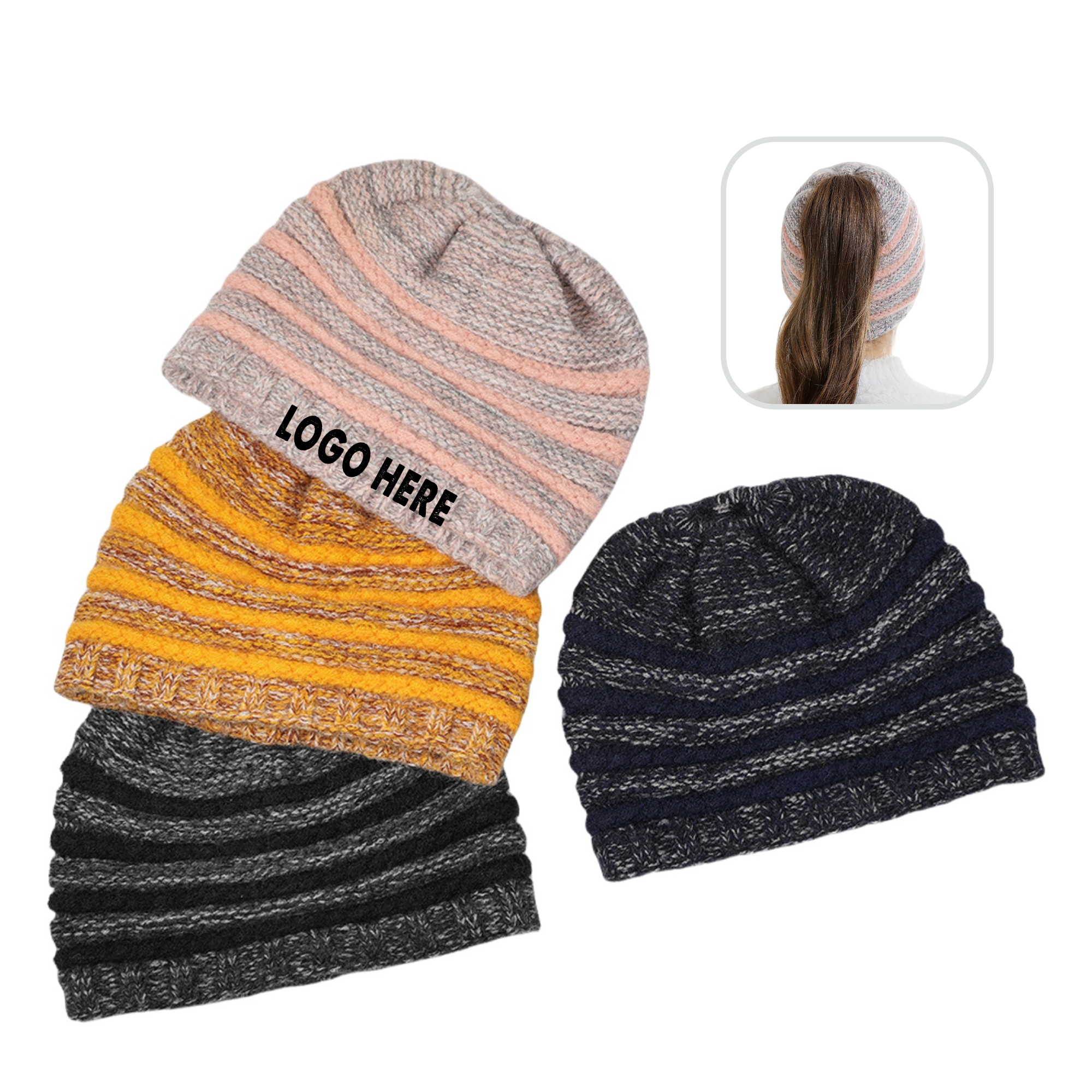 Ponytail Beanie Women Stretch Knitted Crochet