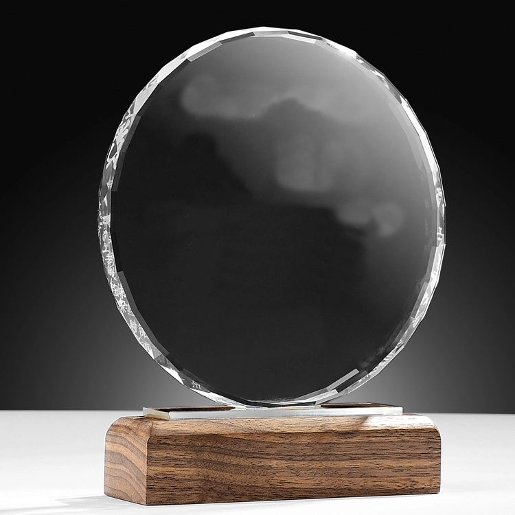 Round Faceted Crystal Award on Wood Base - DCWH9410