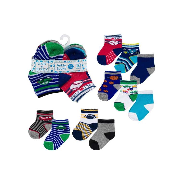 Boys' Ankle Socks - Sports Design 12-24M 10 Pk 3