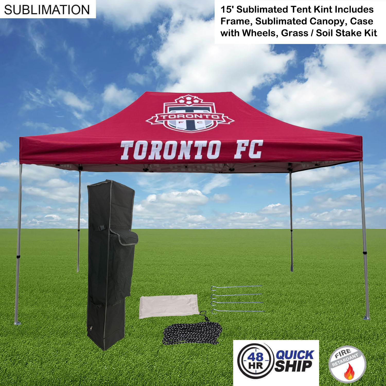 48 Hr Quick Ship - 15' Premium Sublimated Tent Kit, Includes Frame, Canopy, Case, Grass Stake Kit 35