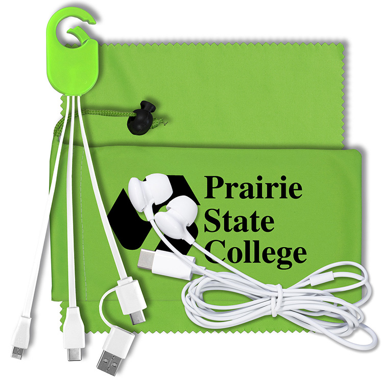 Mobile Tech Charging Kit with Earbuds in Microfiber Cinch Pouch Components inserted into Microfiber 15