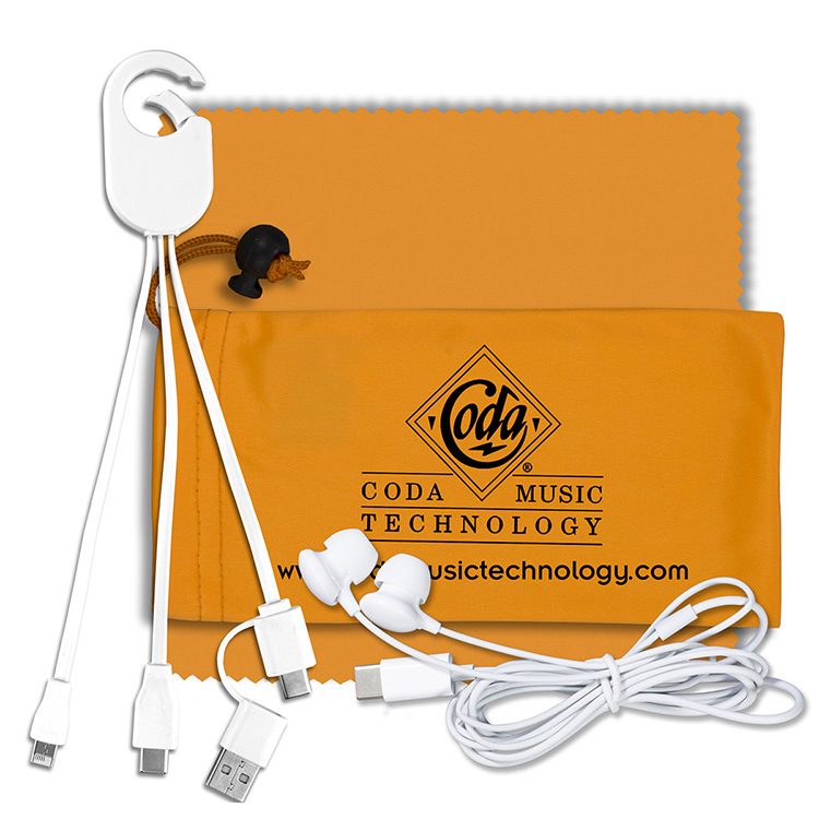 Mobile Tech Charging Kit with Earbuds in Microfiber Cinch Pouch Components inserted into Microfiber 20