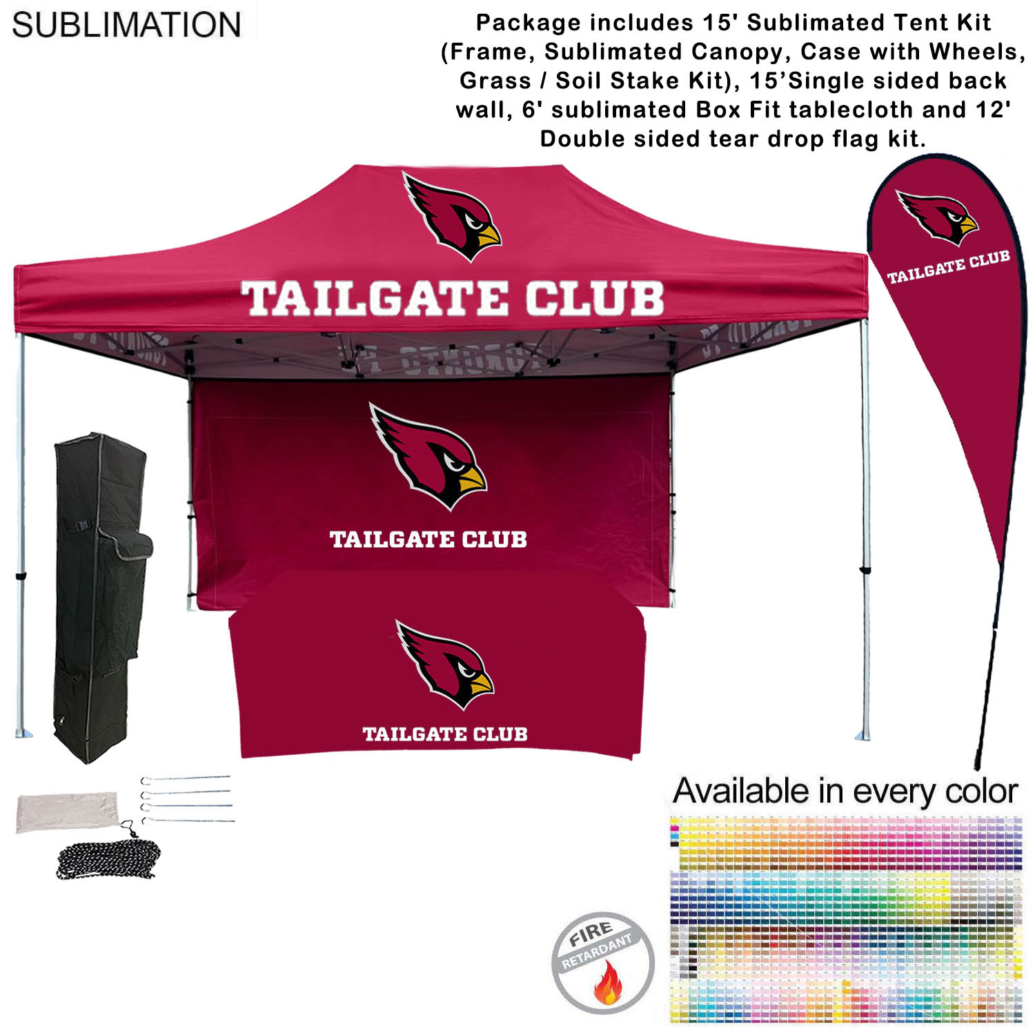 48Hr Quick Ship - Game Day Tailgate Package, 15' Tent, 15' Backwall,Tablecloth, double sided Flag 4
