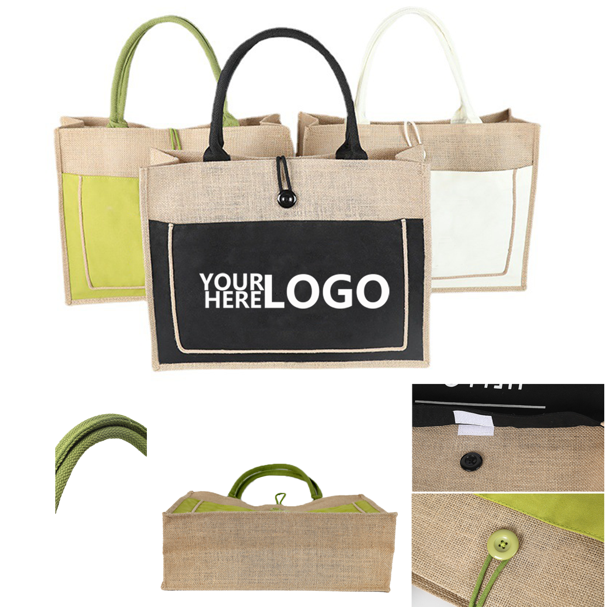 Patchwork Jute Shopping Tote Bag, custom tote bag with logo imprint 2