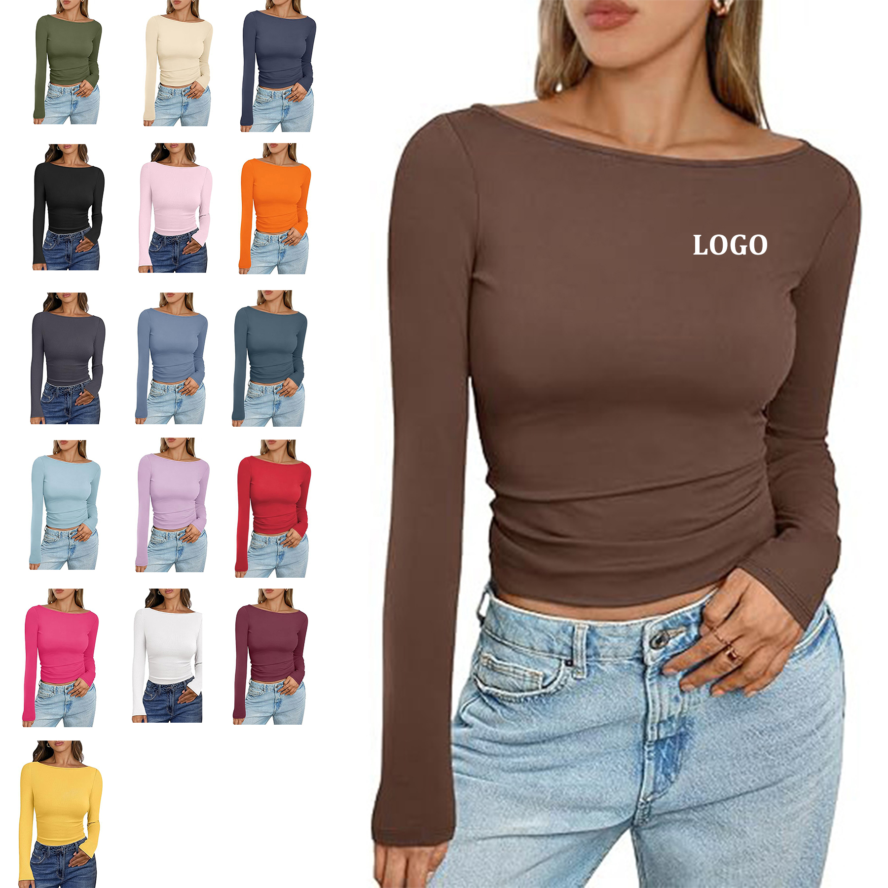 Women Boat Neck Long Sleeve Shirt 39