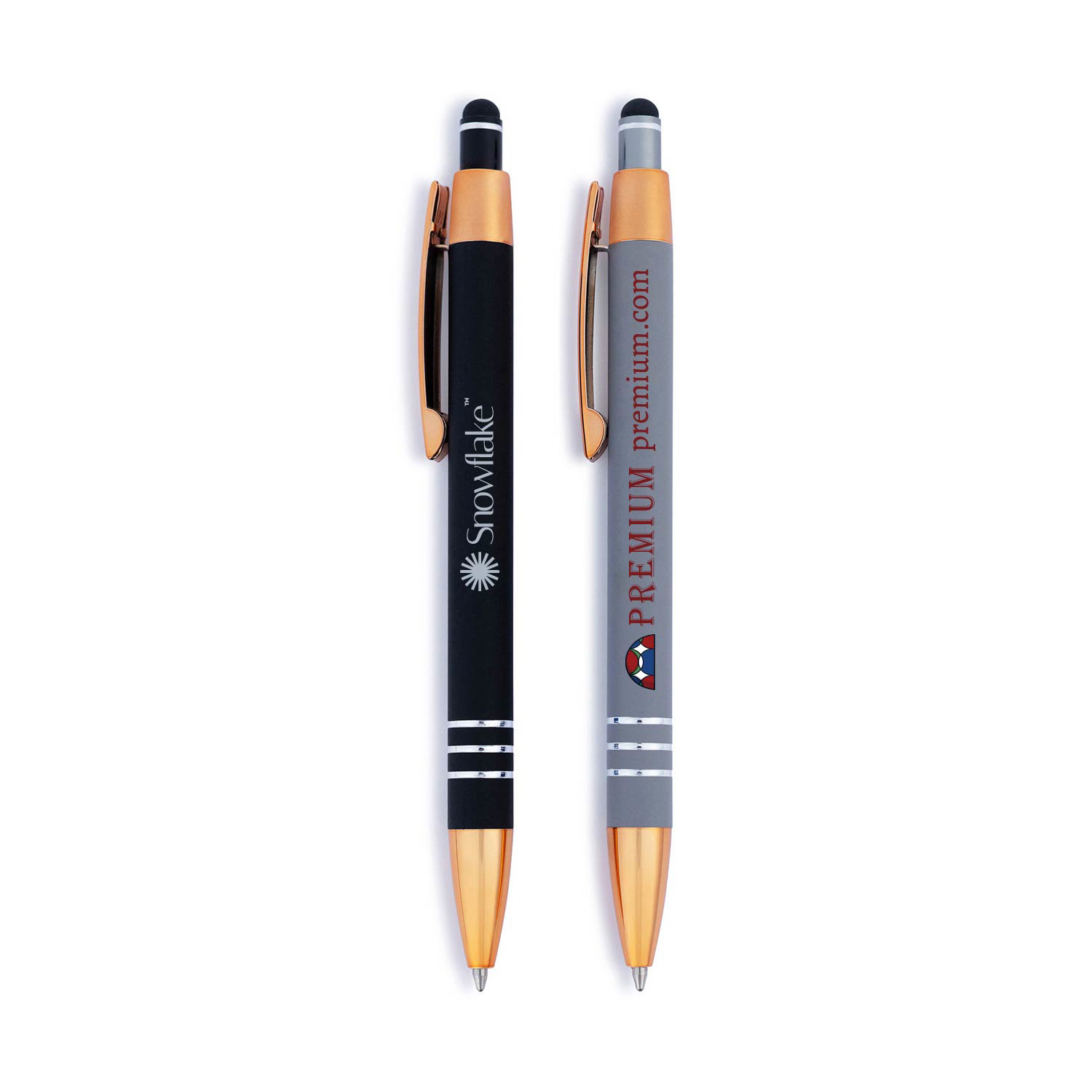 Penny Stylus Satin Soft Touch Click Metal Pen - Copper Accents (CLOSEOUT)