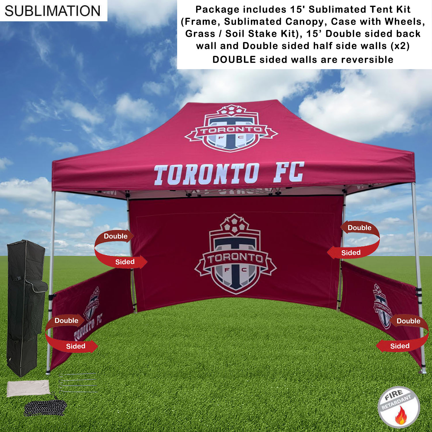 Full Tent Package, 15' Sublimated Tent, 15' DOUBLE sided backwall and 2 DOUBLE sided half sidewalls 2
