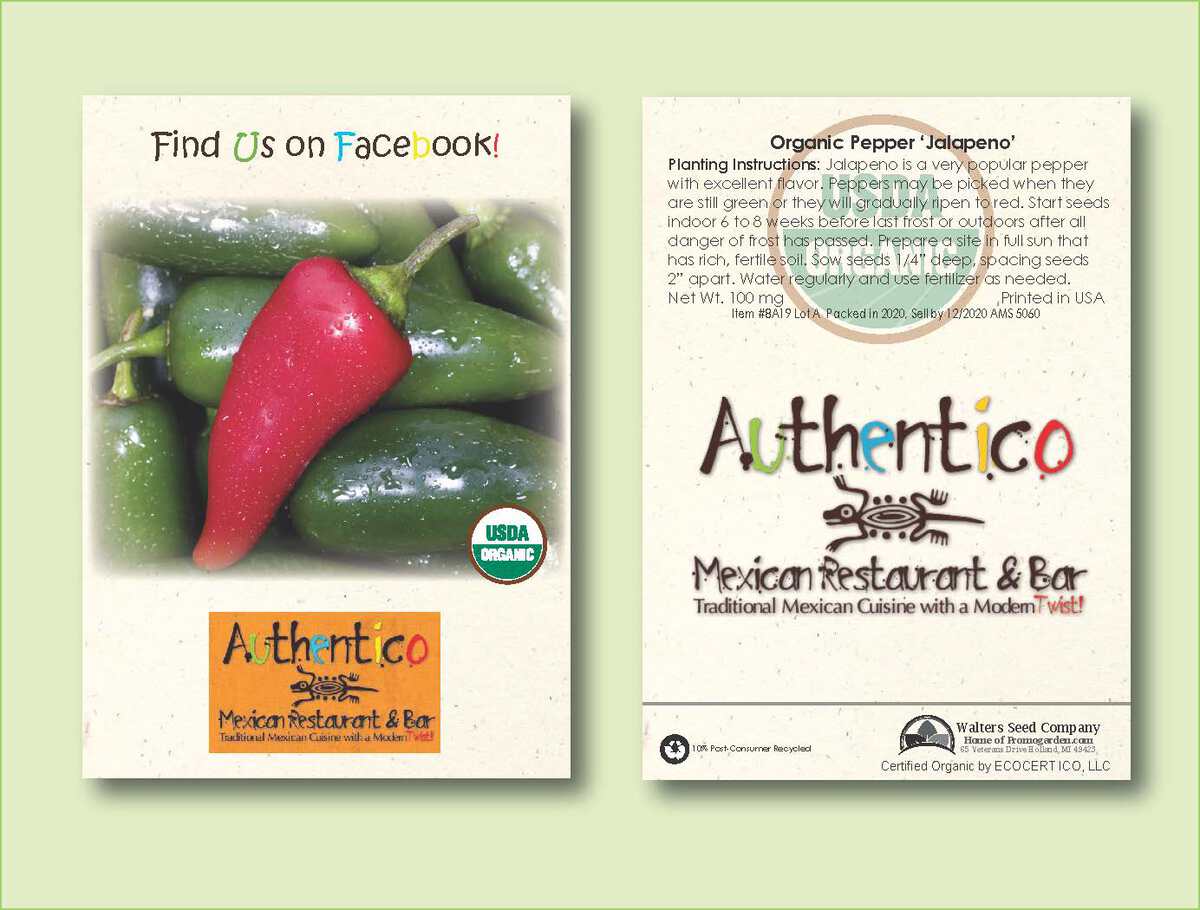Organic Jalapeno Pepper Seed Packet Standard Size 3.25" x 4.5