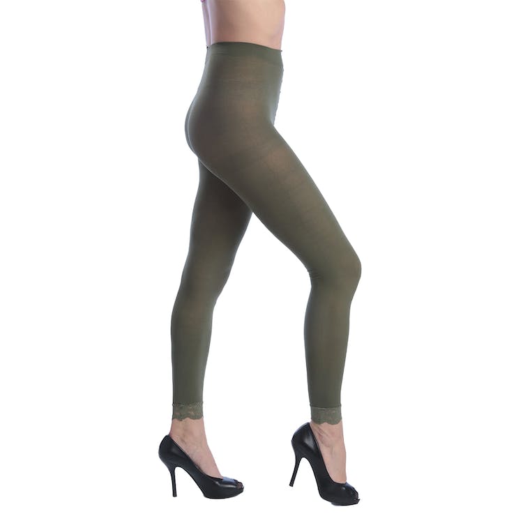 Women's Opaque Control Top Footless Lace Tights - Olive Queen Size 3
