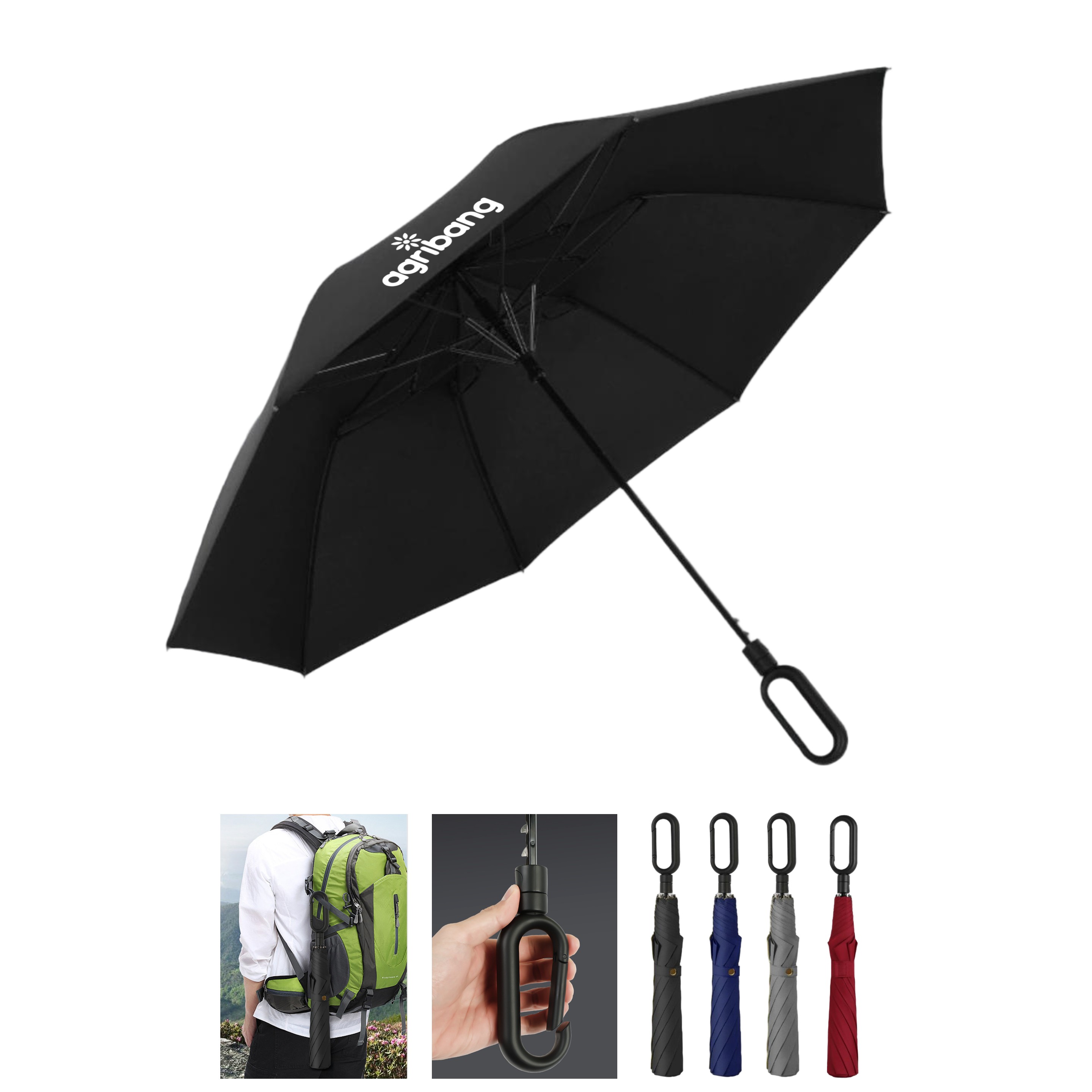 45" Auto Open Compact Umbrella with Carabiner Handle