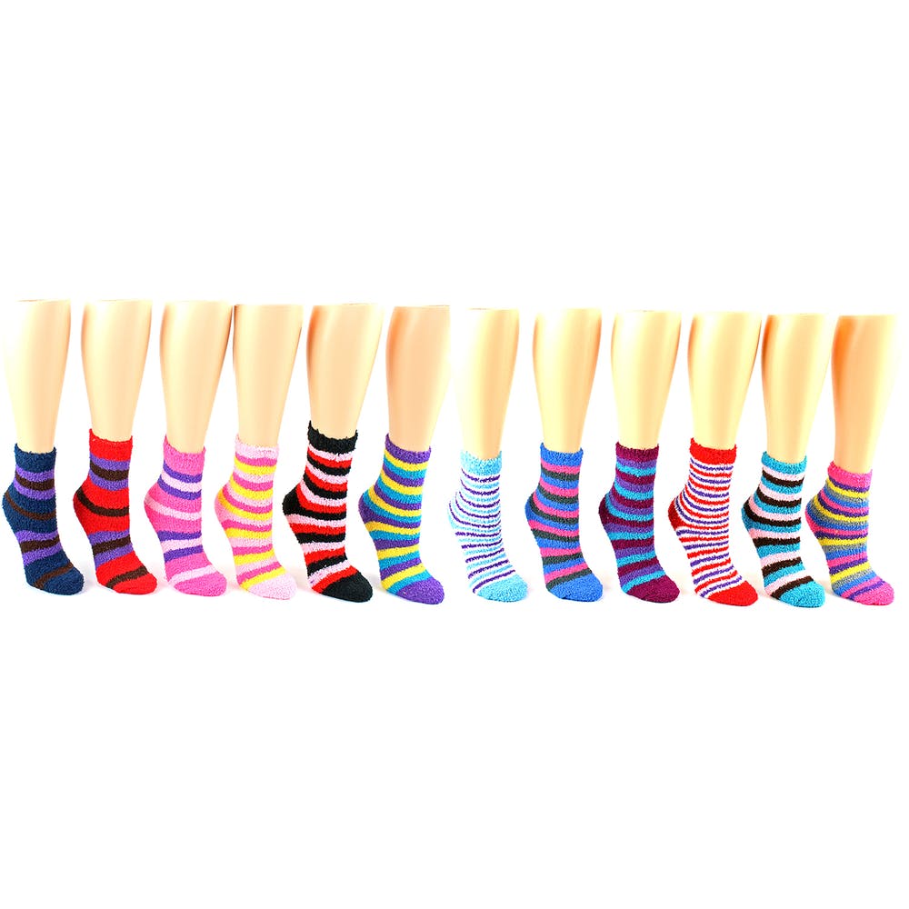 Women's Fuzzy Crew Socks - Striped Assorted 3