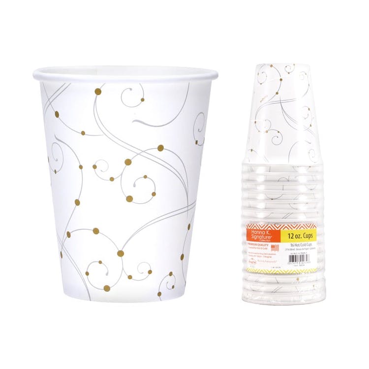Paper Cups - White & Gold Design Hot & Cold 12 oz. 16 Pack 3