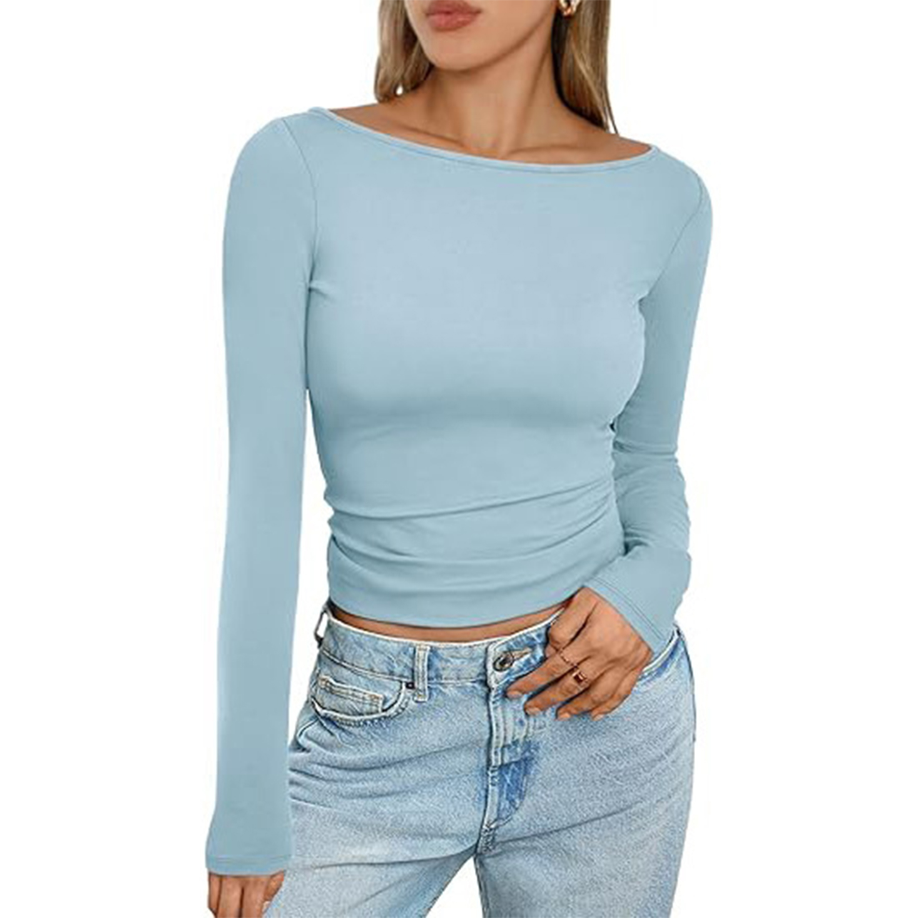 Women Boat Neck Long Sleeve Shirt 53