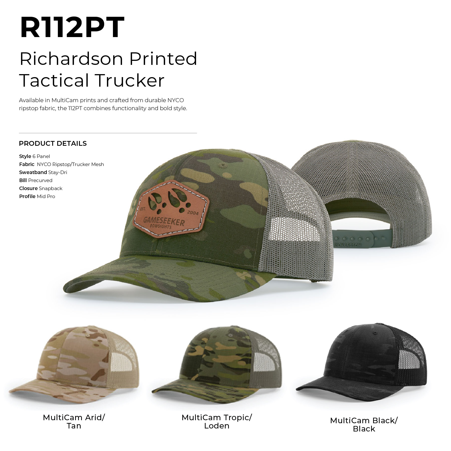 Richardson 112PT 6-Panel Printed Tactical Snapback Trucker Hat w/ Leatherette Patches or Embroidery 51