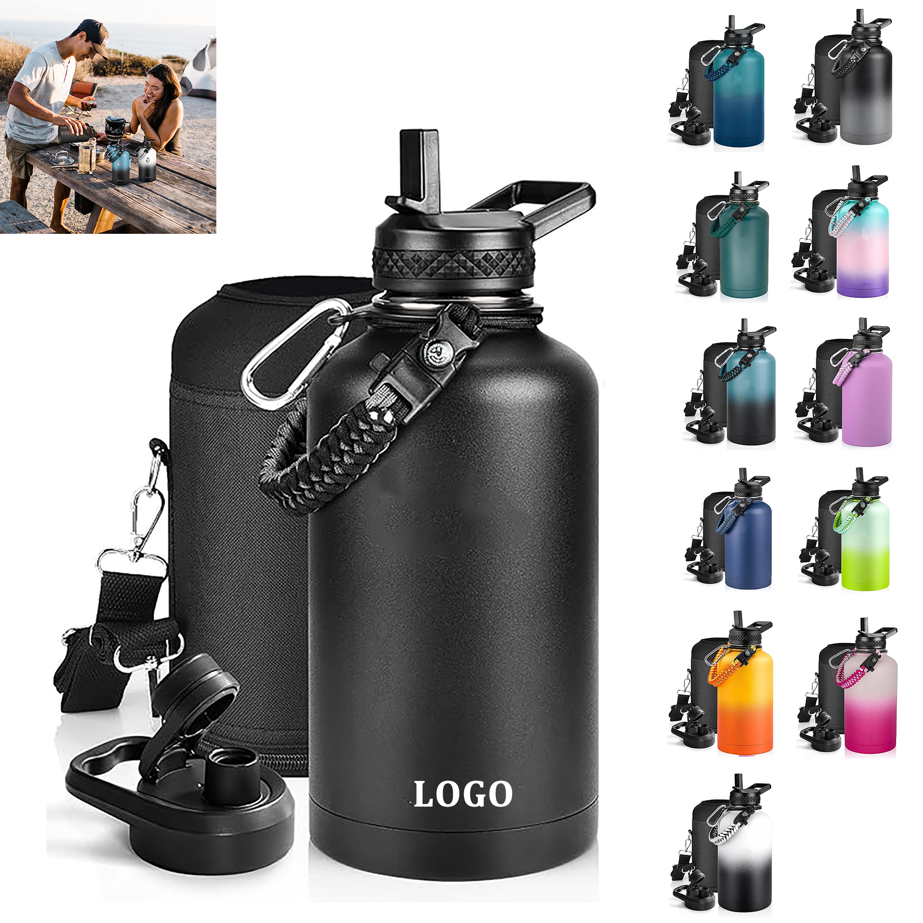 64 Oz Insulated Water Bottle with Paracord Handle and Straw Spout Lid, custom water bottle with logo imprint 26