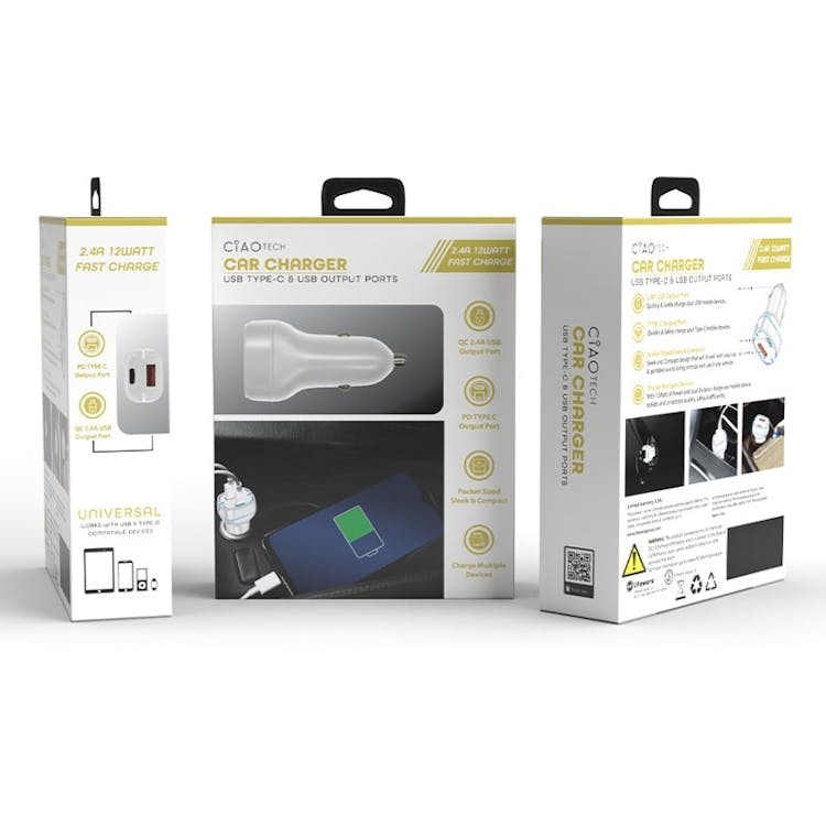 White Car Chargers - 12V USB-A & Type-C 3