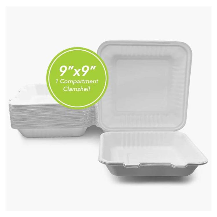 Three Leaf 9"x9" 1 Compartment Bagasse Clamshell 100 Pack 3