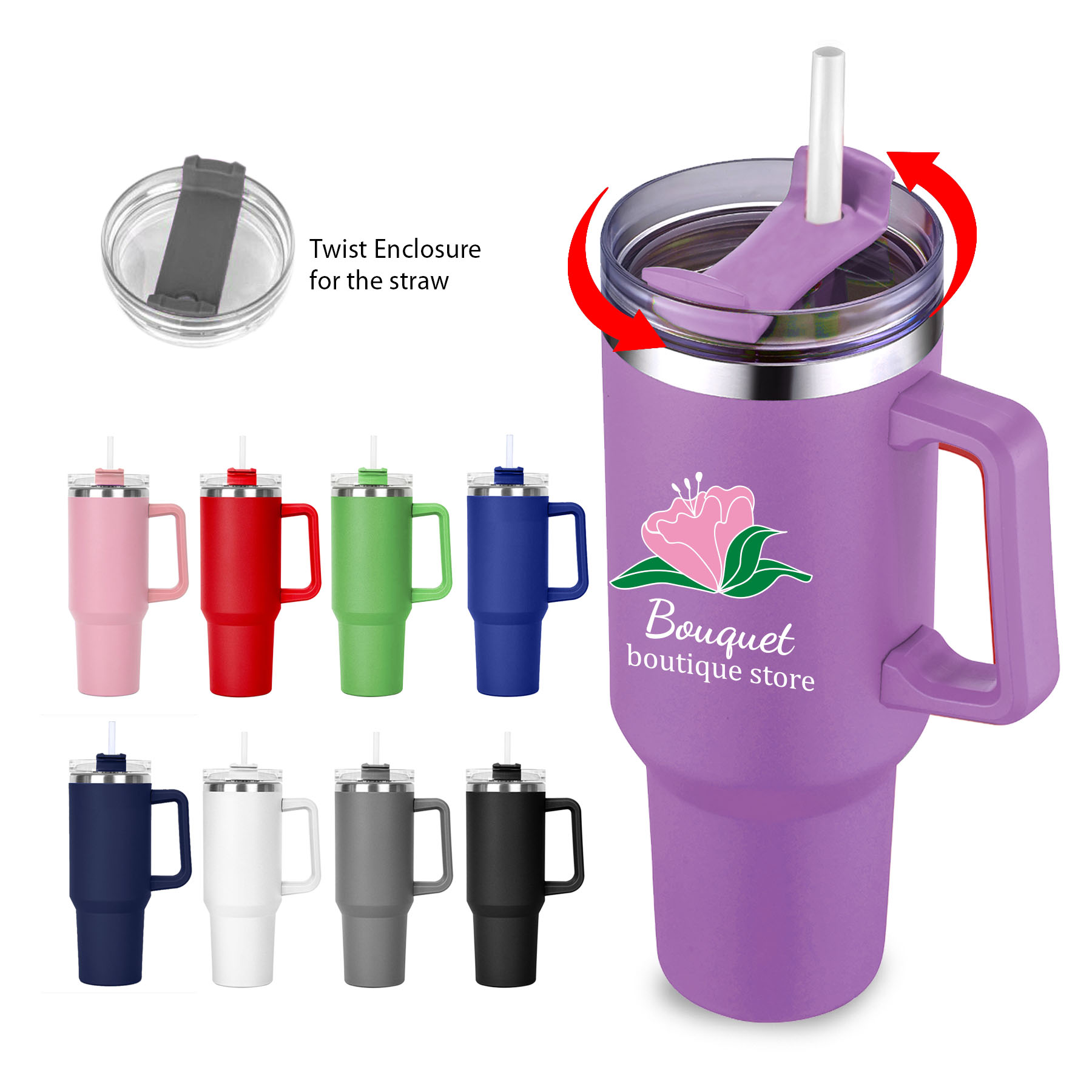 40 OZ. S/S Travel Handle Mug w/ Twist Closure Straw Lid 18