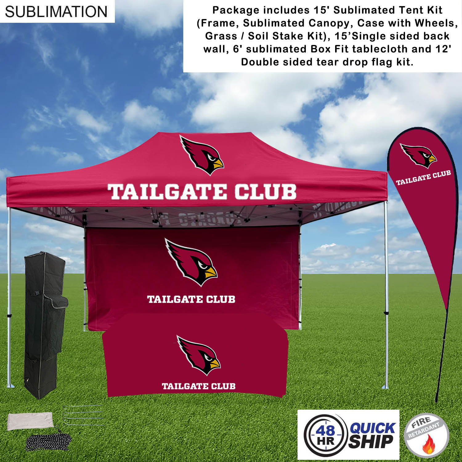 48Hr Quick Ship - Game Day Tailgate Package, 15' Tent, 15' Backwall,Tablecloth, double sided Flag 2