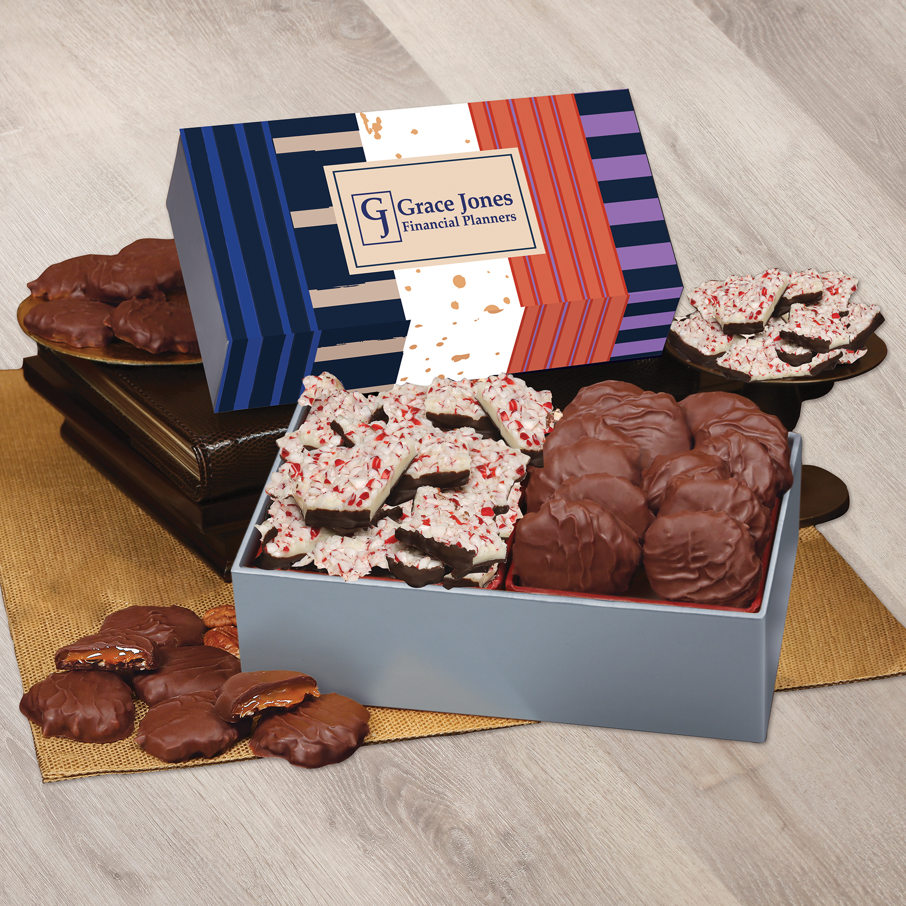 Peppermint Bark & Pecan Clusters in Gift Box with Stripes & Splatter Sleeve 2