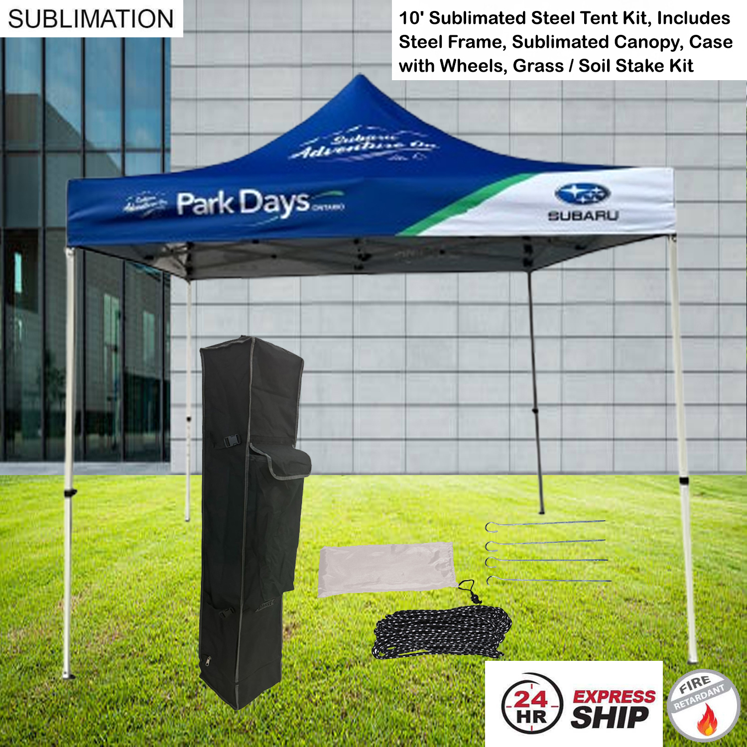 24 Hr Express Ship - 10' Steel Tent Kit, Includes Frame, Sublimated Canopy, Case, Grass Stake Kit 14