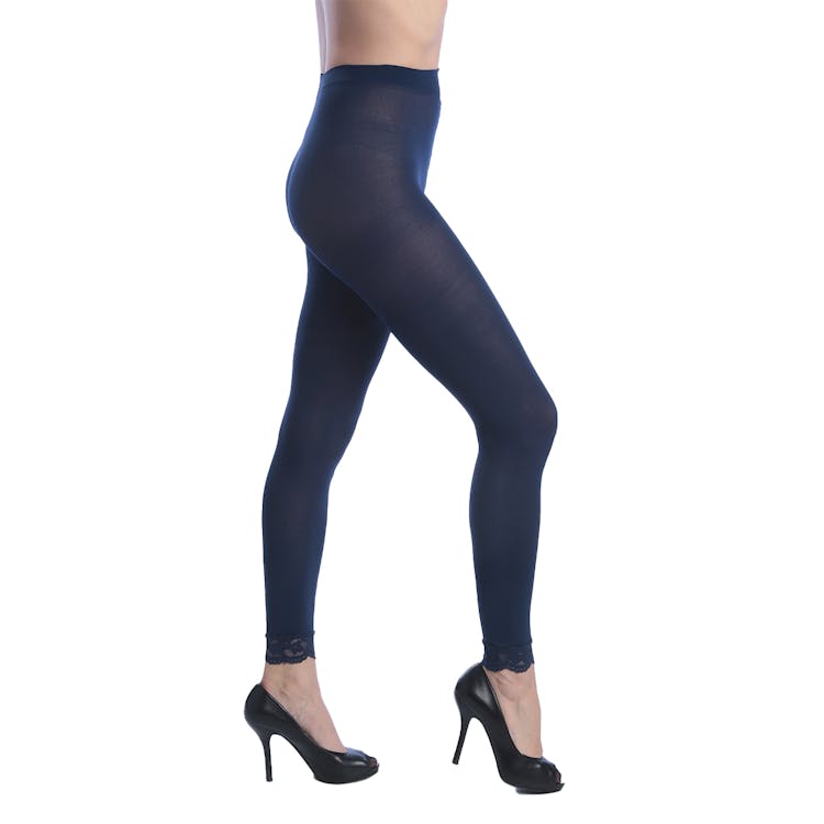 Women's Opaque Control Top Footless Lace Tights - Navy Queen Size 3