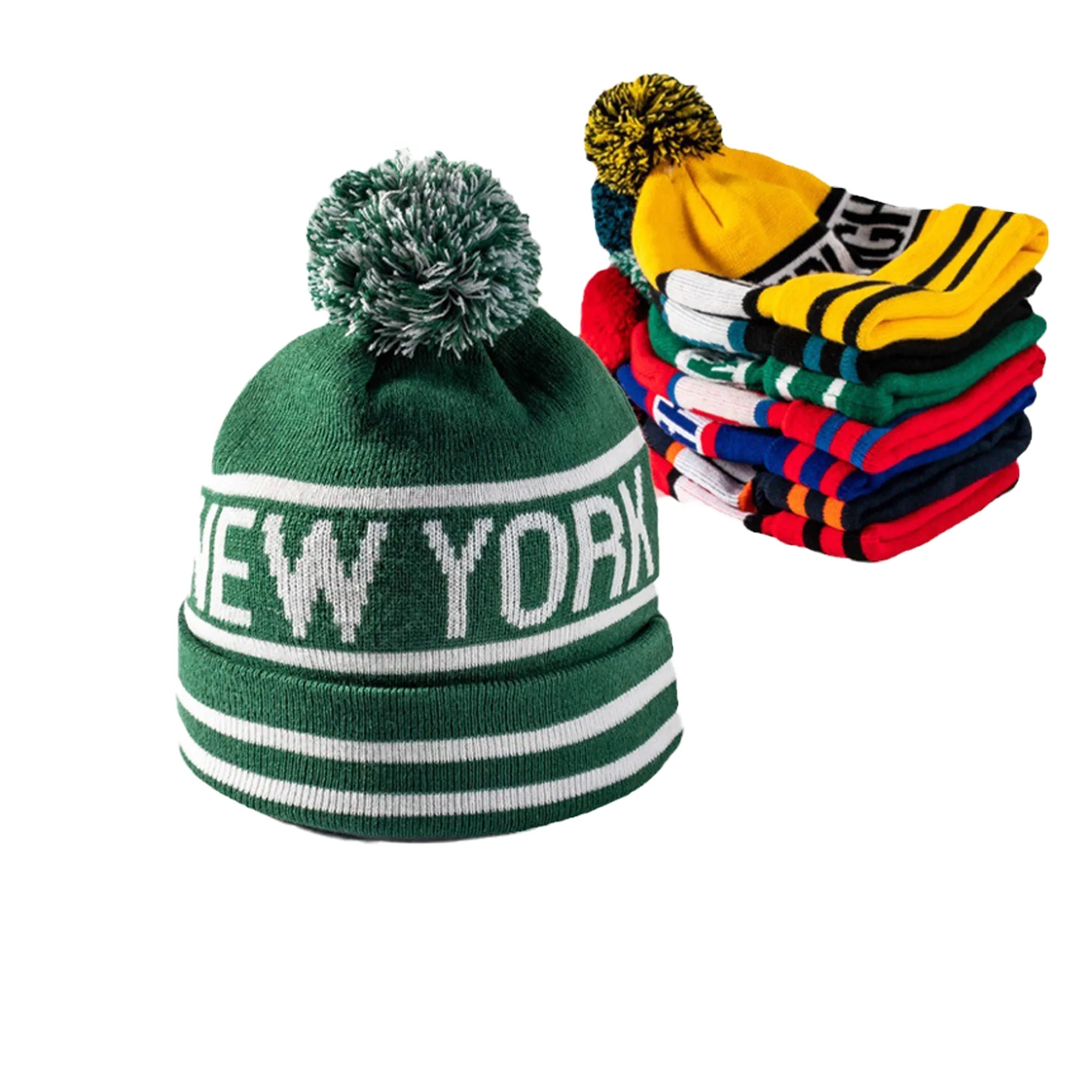 Knitted Stripe Pom Beanie MOQ 100 PCS