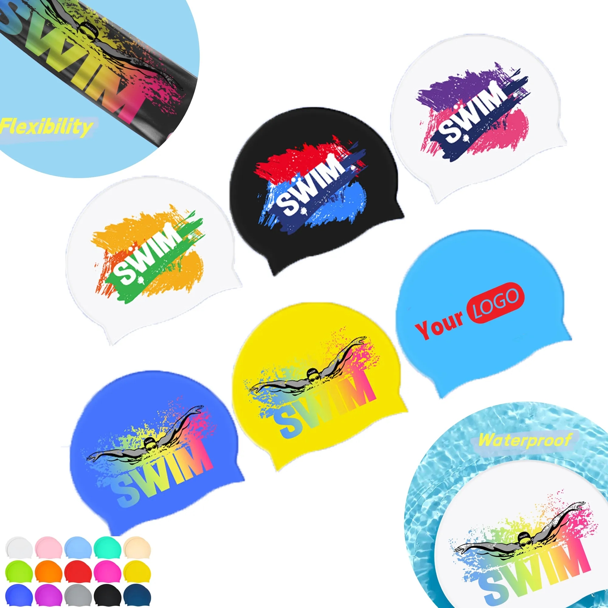 Custom Full Color Logo Silicone Swim Cap Swimming Shower Hat 7