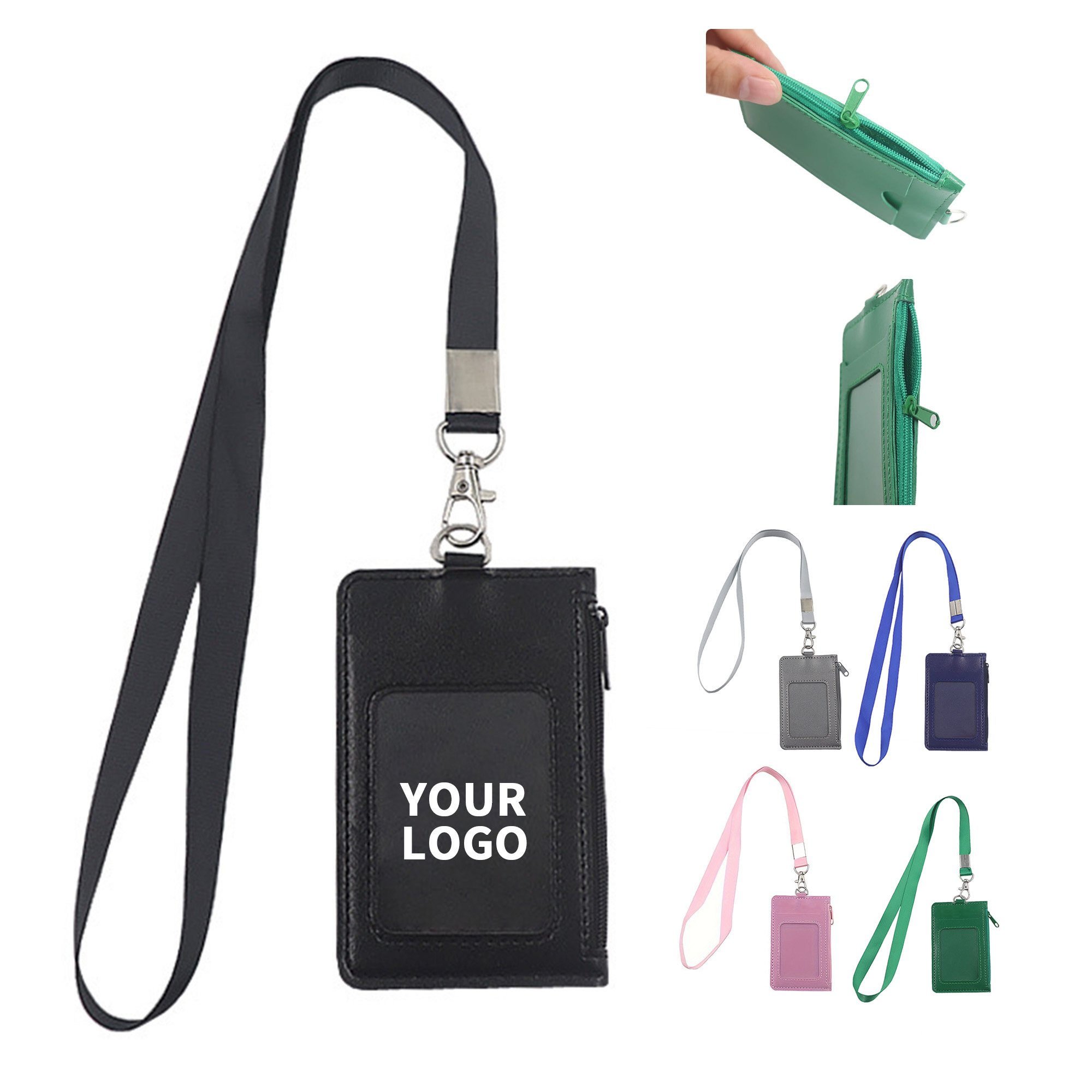 Polyurethane Leather Zipper Card Holder With Lanyard