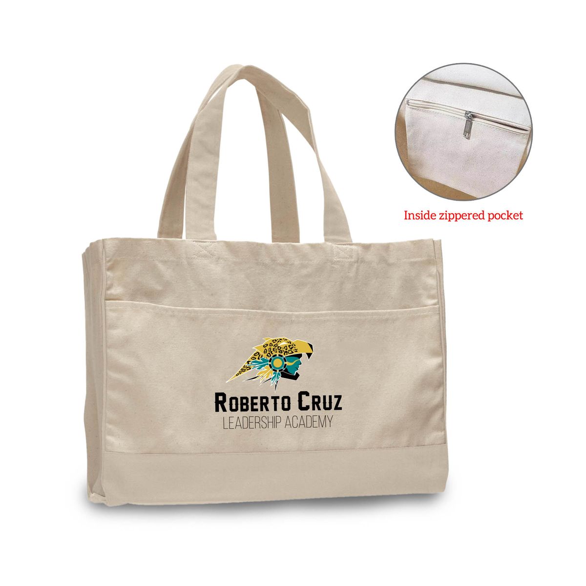 12 oz. Cotton Canvas Natural Self Fabric Handles Tote Bag/w inside zipper pocket_R114NBT