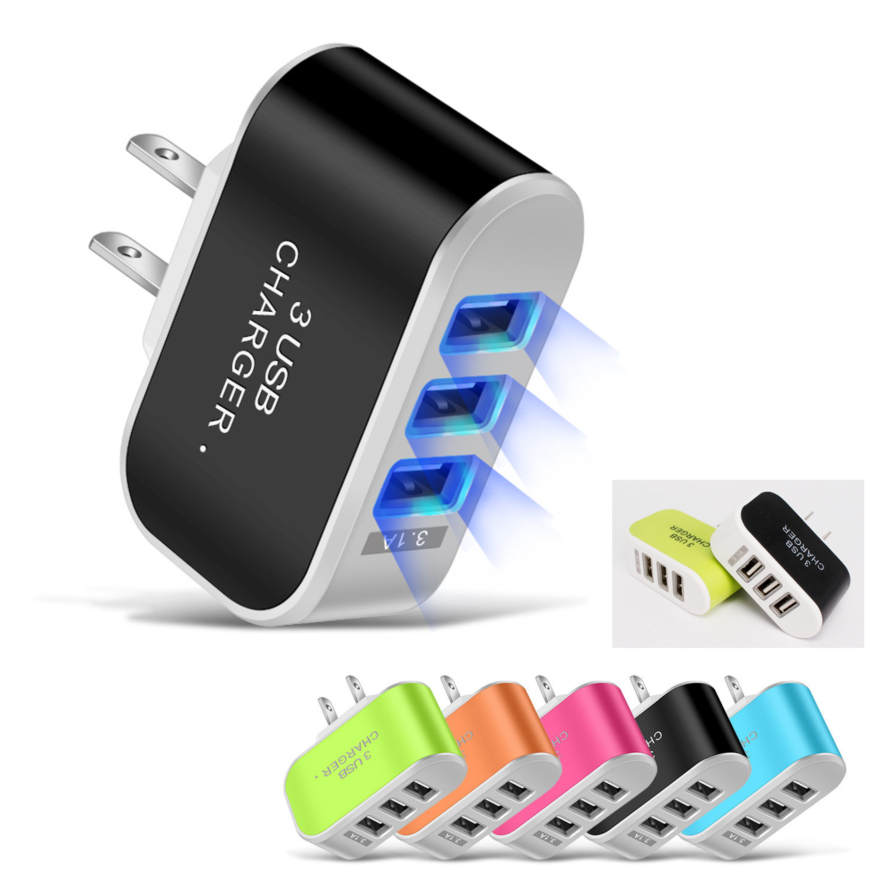 3 Port LED USB Power Wall Charging Block MOQ 50pcs 3