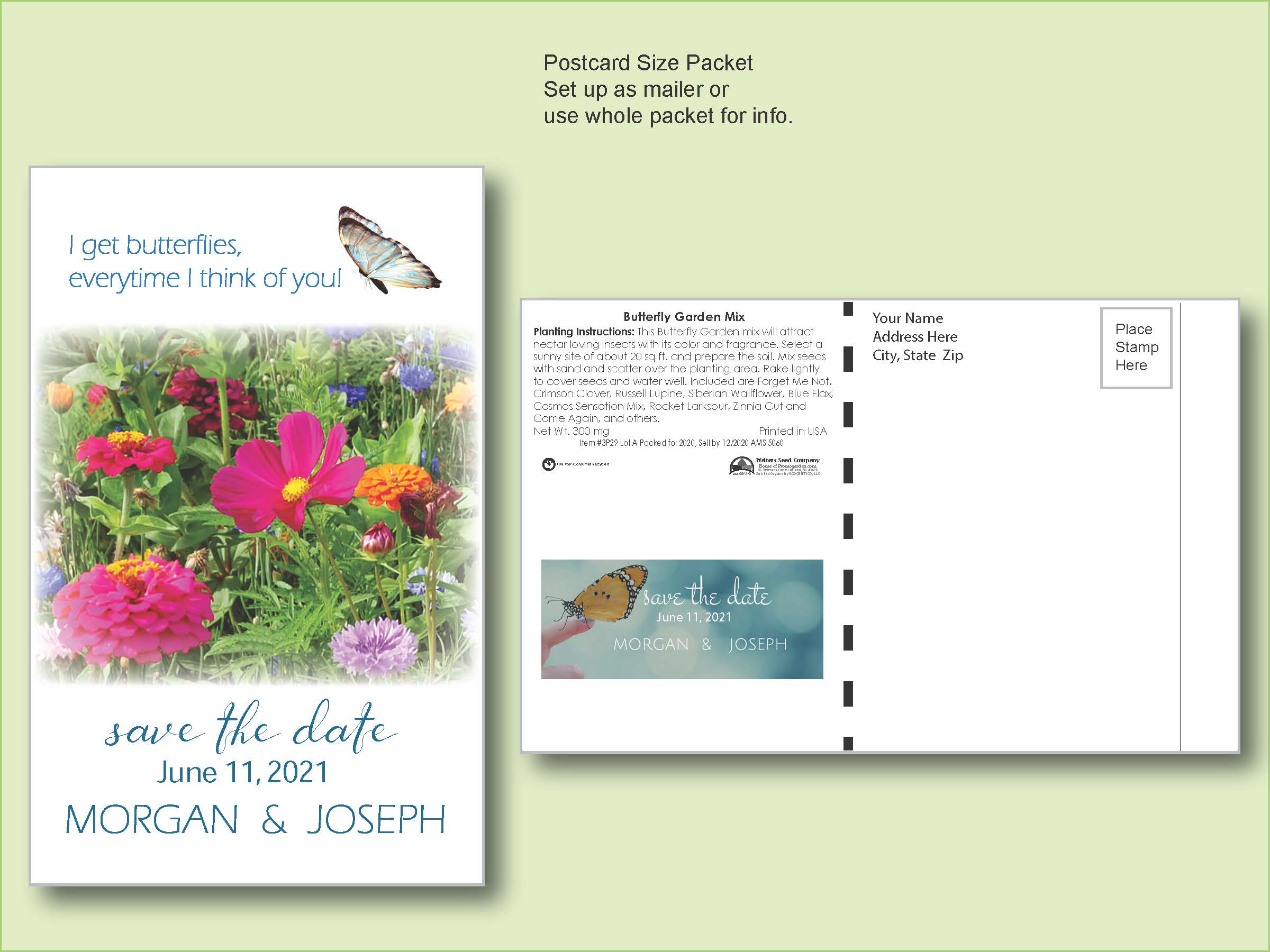 Butterfly Mix Flower Seed Packet - Postcard Mailer Size 4" x 6.5"
