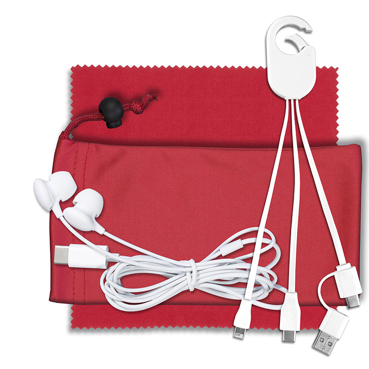 Mobile Tech Charging Kit with Earbuds in Microfiber Cinch Pouch Components inserted into Microfiber 14
