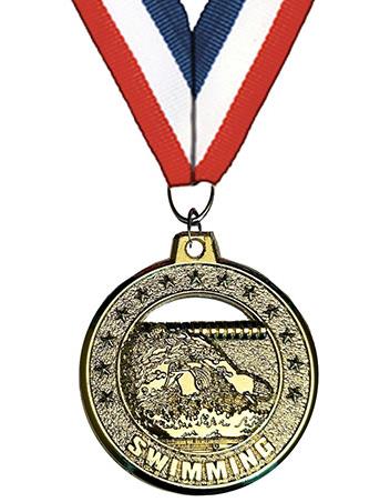 Medallion: 2" Circle Cut Out Swimming Gold wit