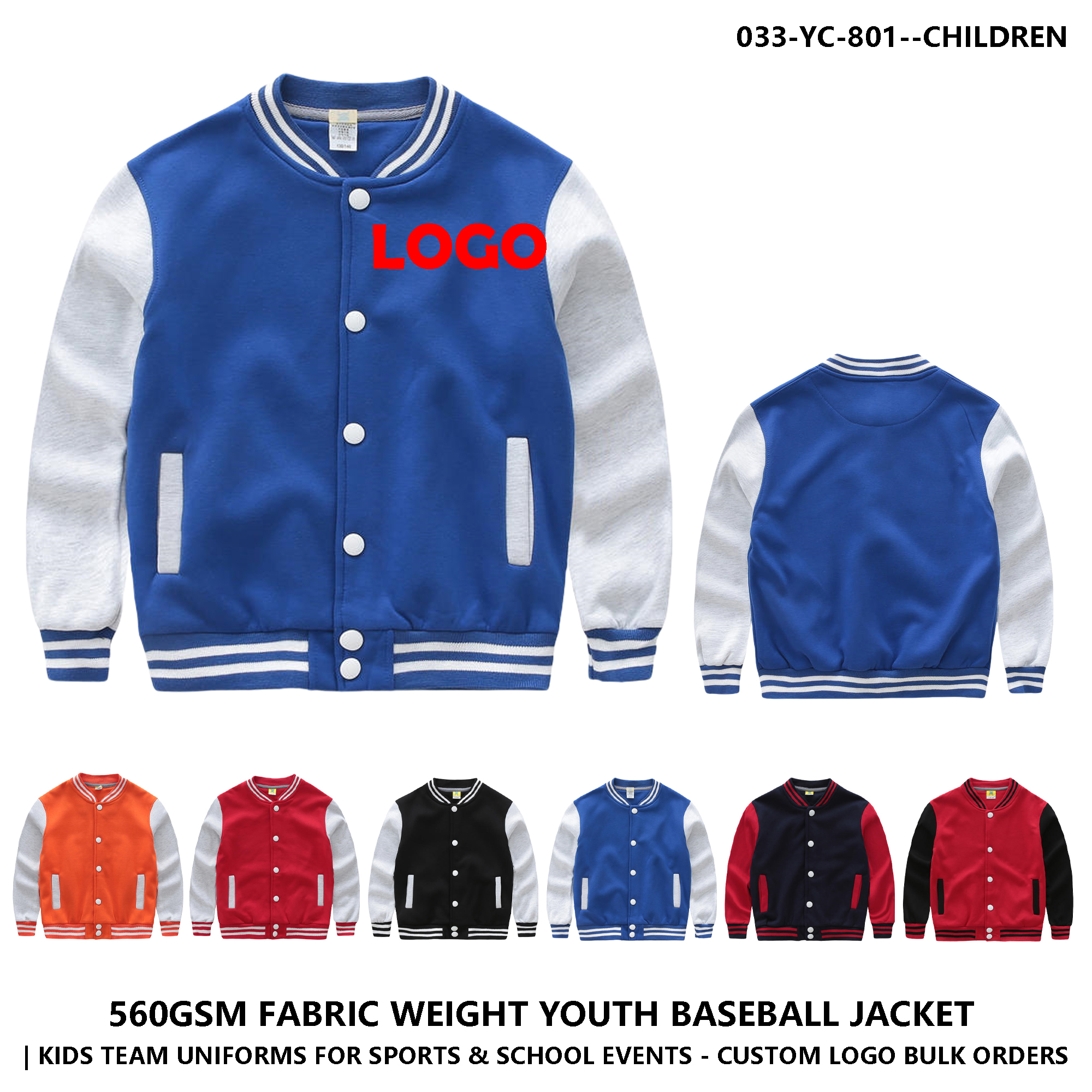 Unisex Kids Custom Logo Color Block Baseball Jacket