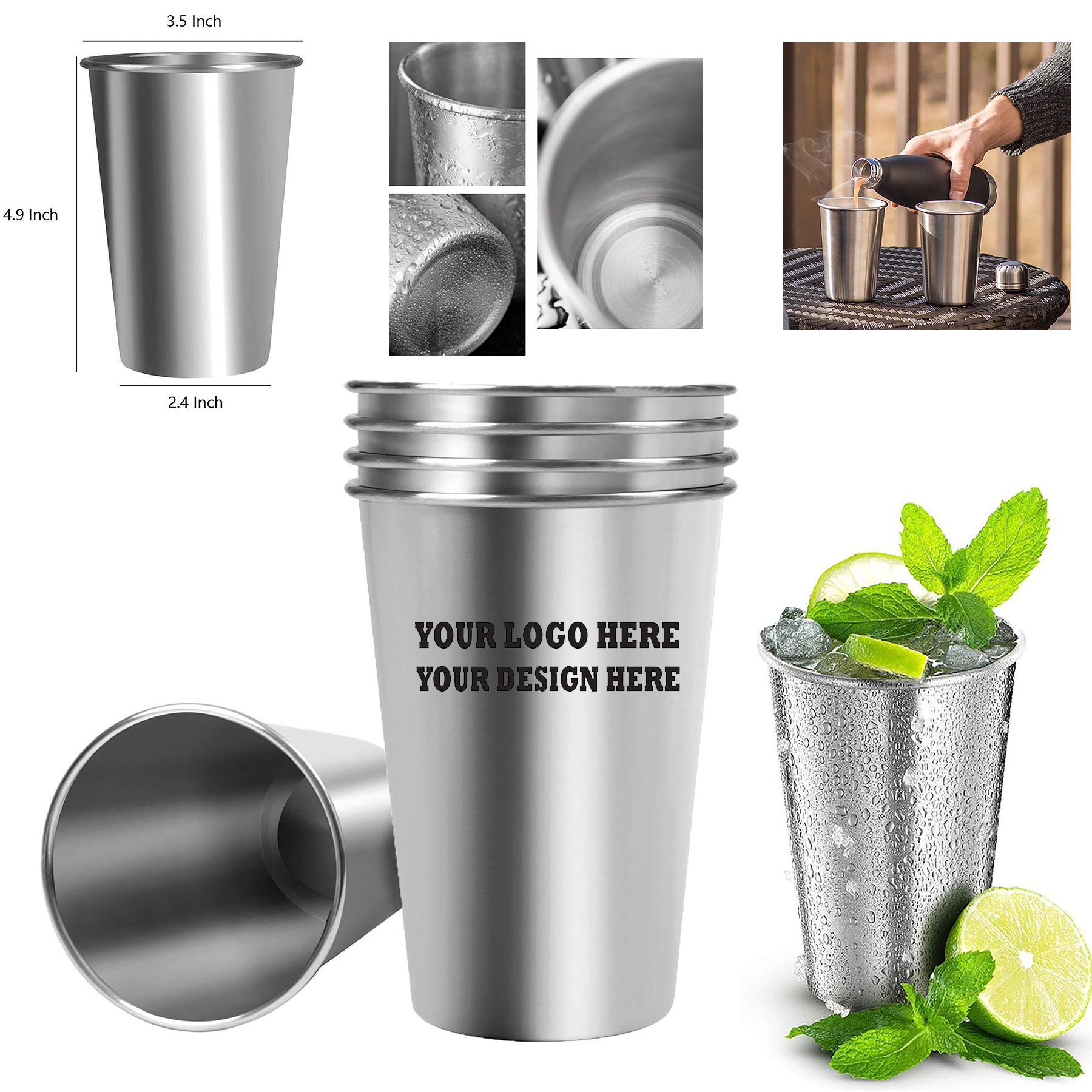 MOQ50Pcs 17oz Stainless Steel Water Mug Pint Cup