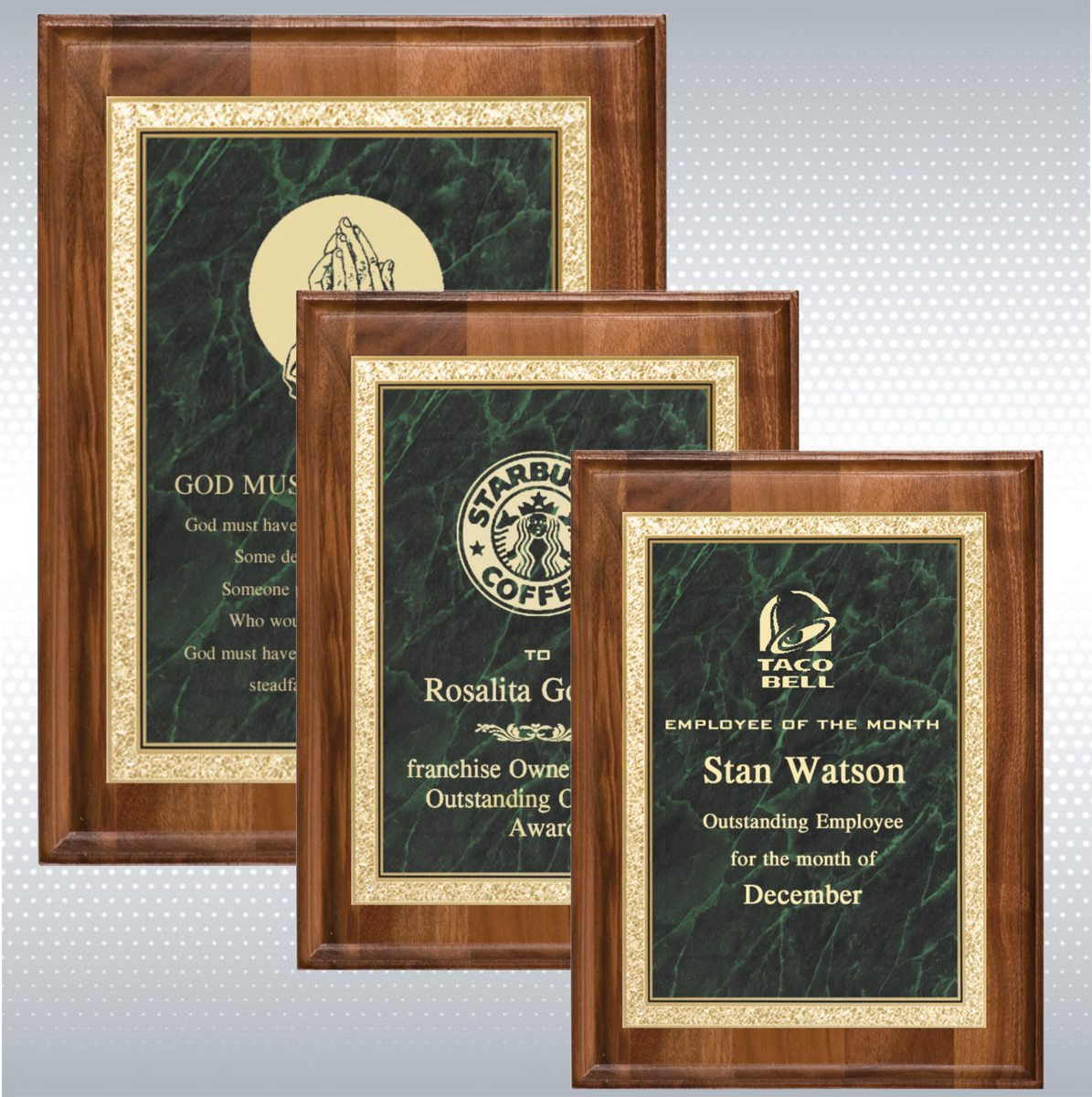 Walnut Rectangle Plaque w/Green Brass Engraving Plate (7" x 9") 10