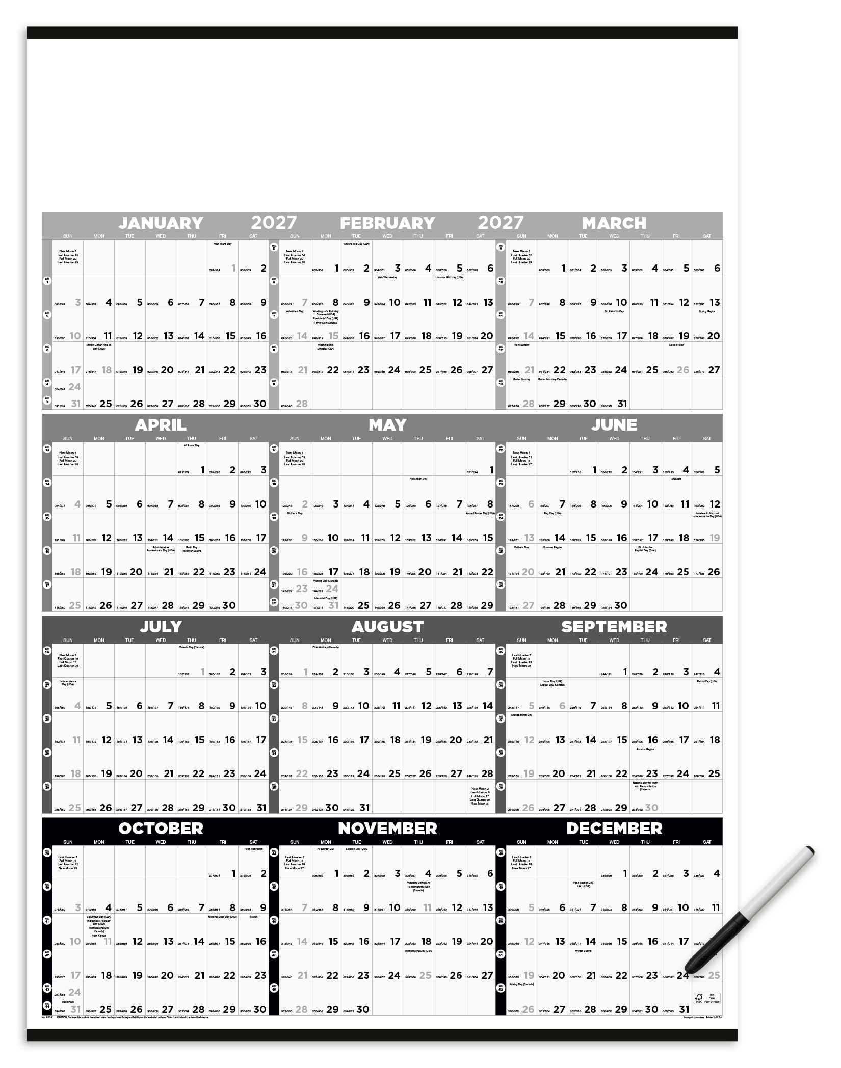 Triumph Calendars Black & White Time Management Span-A-Year Laminated w/Marker Calendar