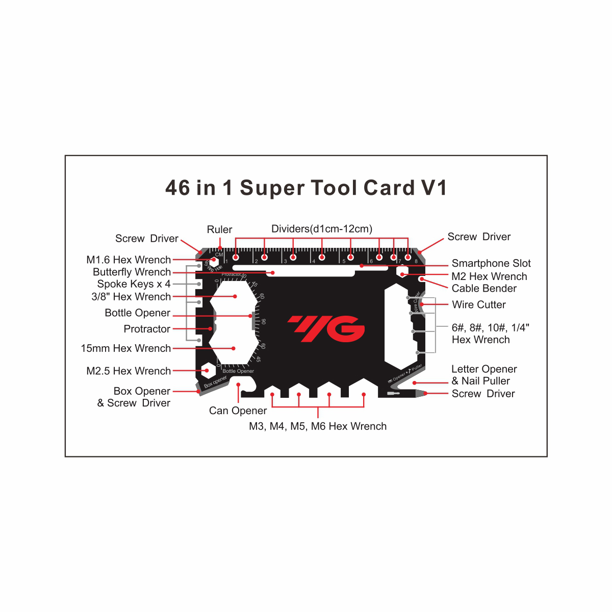GearCard 46-in-1 Super Tool Card – Stainless Steel Multi-Tool with Hex Wrenches & Openers 7